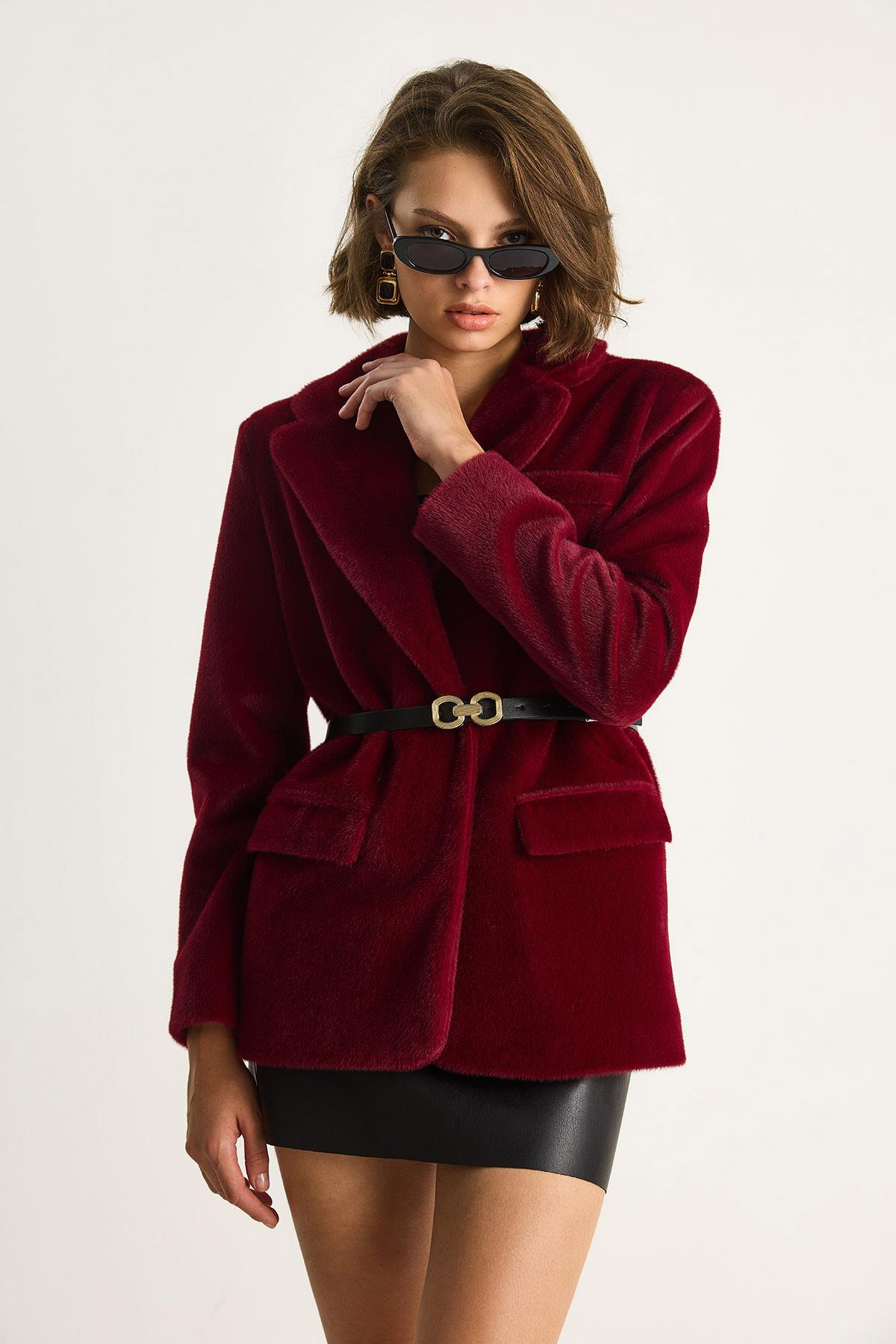 Kadın Cep Detaylı Astarlı Kemerli Peluş Dokulu Blazer Ceket 2761 60281110 - Bordo CEKET modelleri