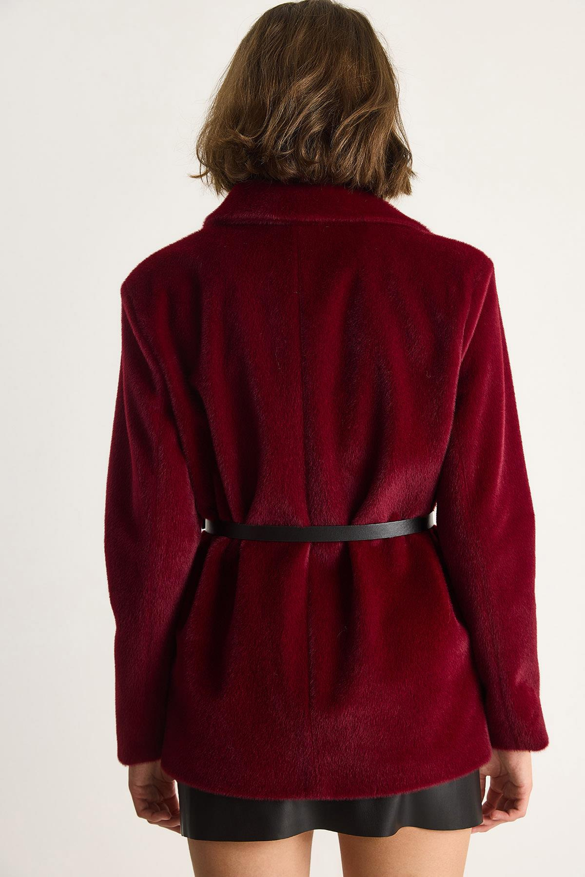 Kadın Cep Detaylı Astarlı Kemerli Peluş Dokulu Blazer Ceket 2761 60281110 - Bordo CEKET modelleri