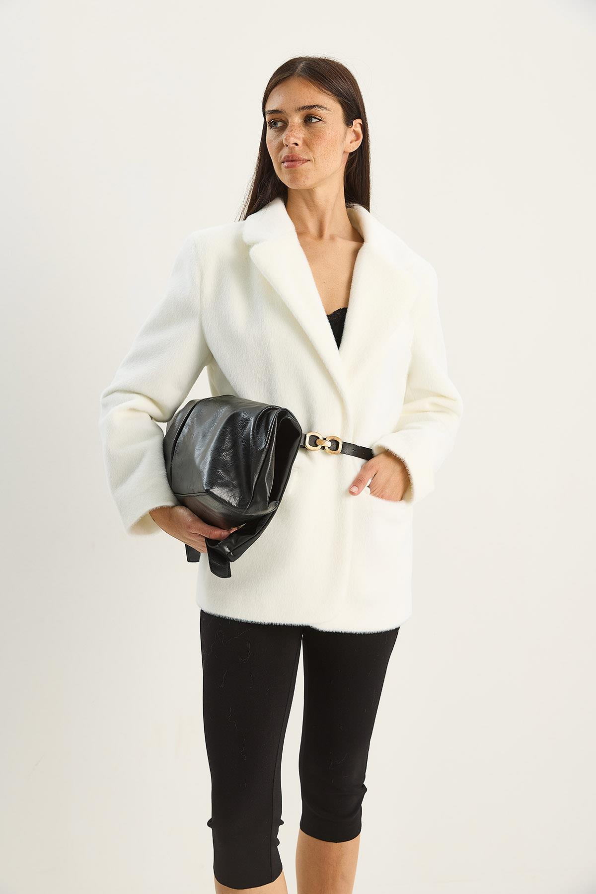 Kadın Cep Detaylı Astarlı Kemerli Peluş Dokulu Blazer Ceket 2761 60281110 - Beyaz CEKET modelleri