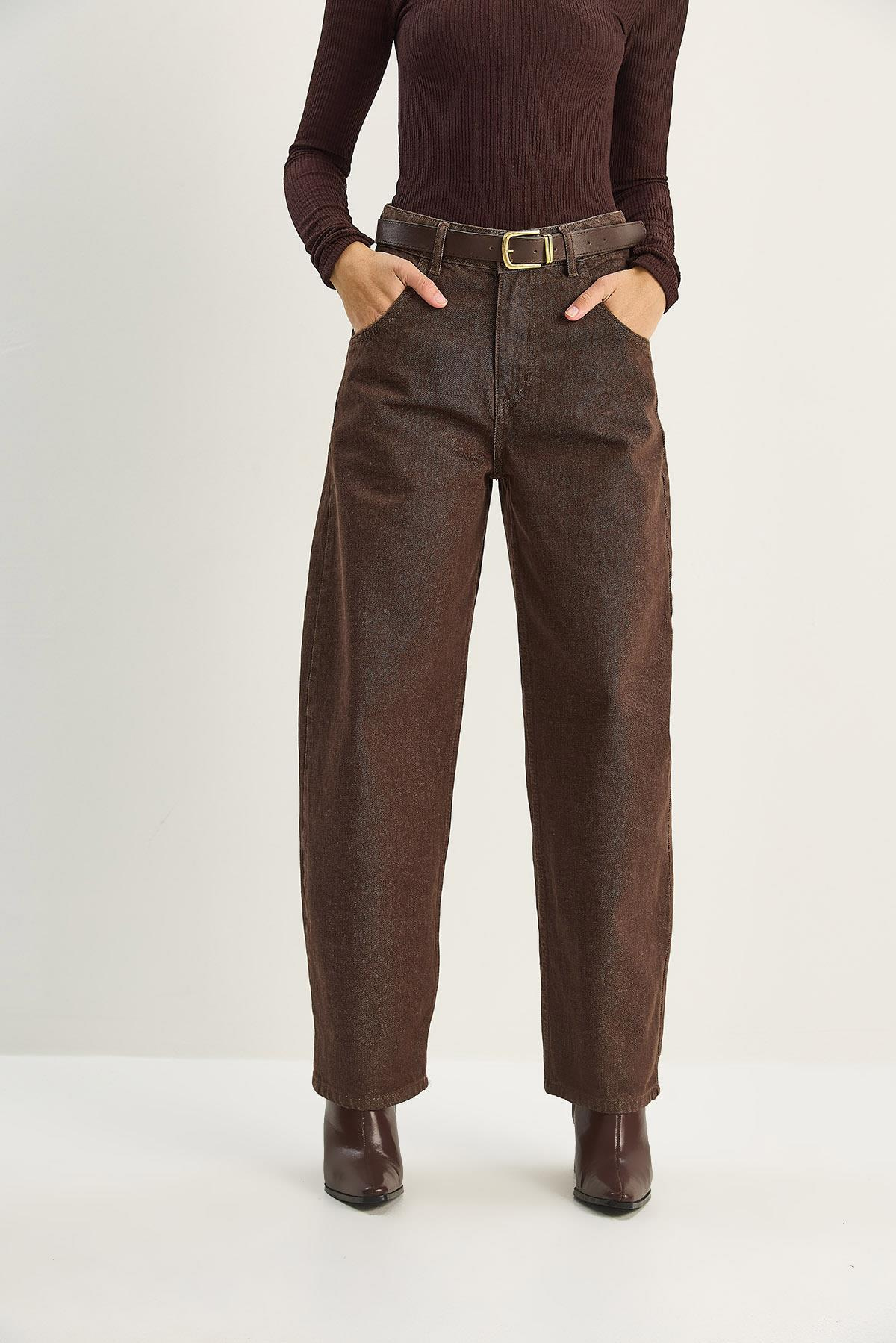 Kadın Cep Detaylı Kemerli Baggy Denim Pantolon 5288 60283781 - Kahverengi PANTOLON modelleri