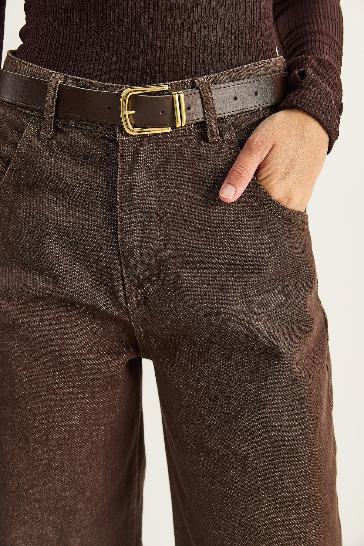 Kadın Cep Detaylı Kemerli Baggy Denim Pantolon 5288 60283781 - Kahverengi PANTOLON modelleri