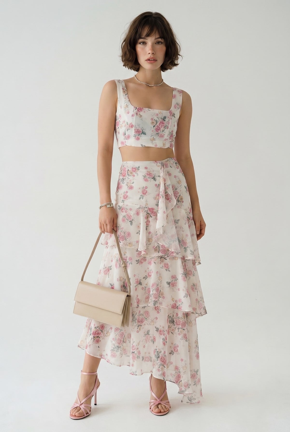 Kadın Çiçek Desenli Crop Bluz ve Astarlı Kat Kat Volanlı Uzun Etek Takım DT261007 60286322 - Pembe ALT - ÜST TAKIM modelleri