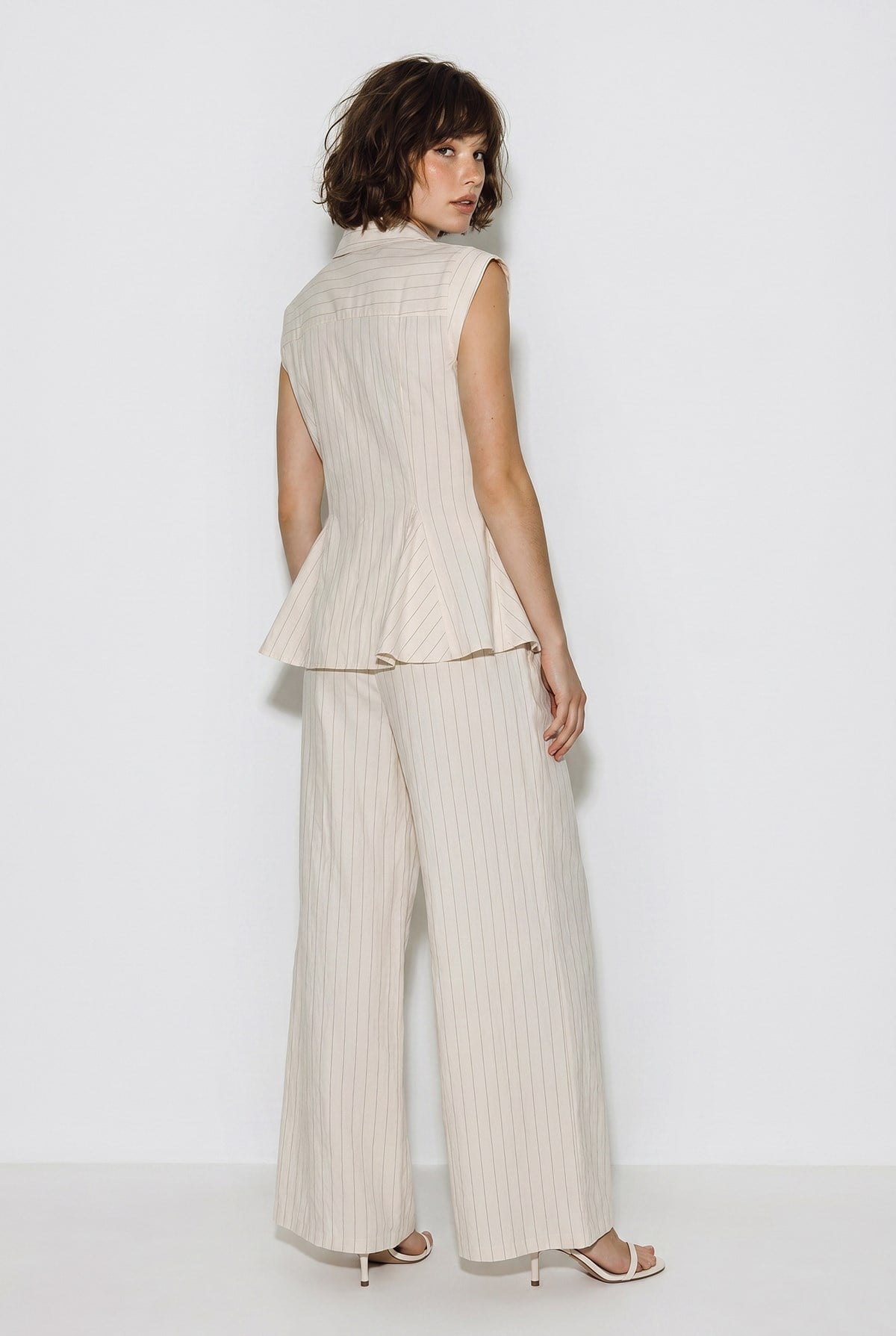 Kadın Çizgili Gömlek Yaka Peplum Bluz Bol Paça Pantolon Takım 8136 60286344 - Bej ALT - ÜST TAKIM modelleri