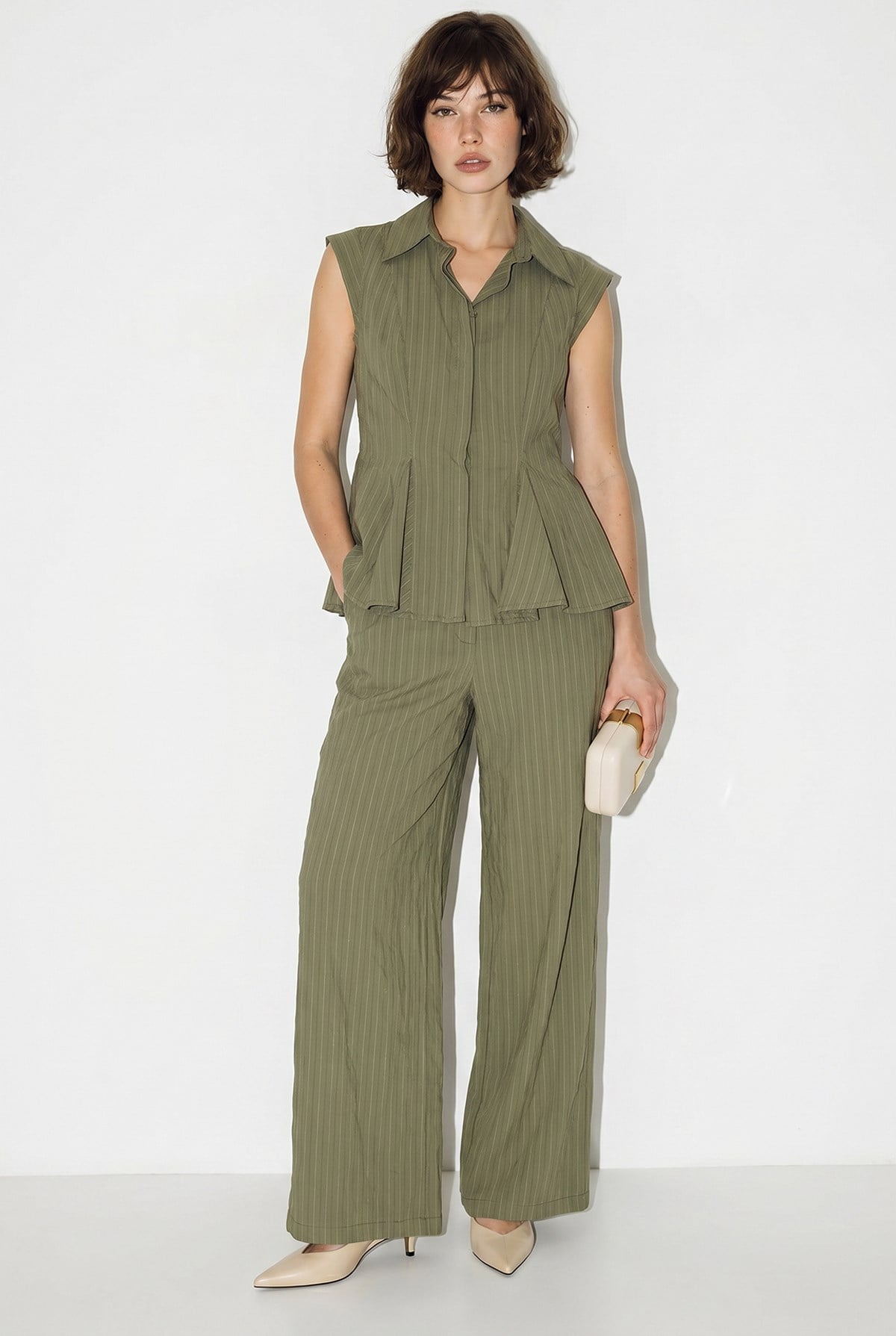 Kadın Çizgili Gömlek Yaka Peplum Bluz Bol Paça Pantolon Takım 8136 60286344 - Haki ALT - ÜST TAKIM modelleri