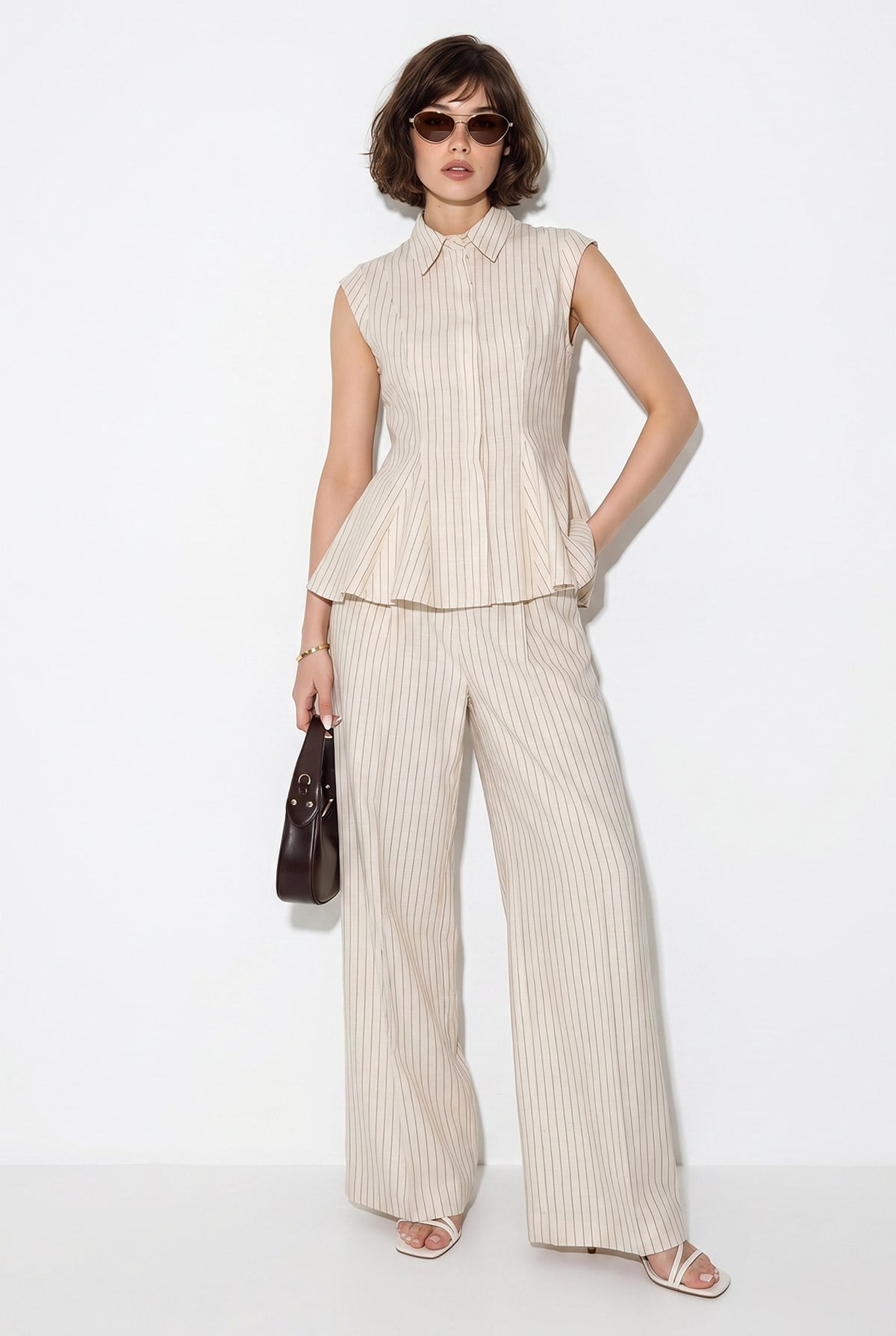 Kadın Çizgili Gömlek Yaka Peplum Bluz Bol Paça Pantolon Takım 8136 60286344 - Bej ALT - ÜST TAKIM modelleri
