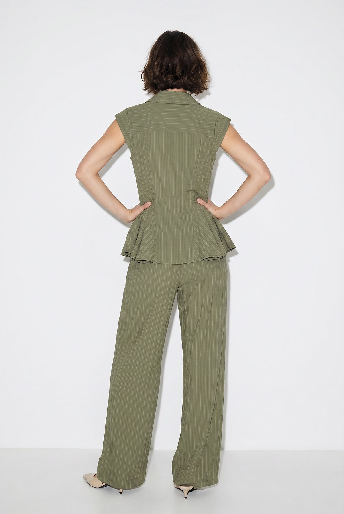 Kadın Çizgili Gömlek Yaka Peplum Bluz Bol Paça Pantolon Takım 8136 60286344 - Haki ALT - ÜST TAKIM modelleri