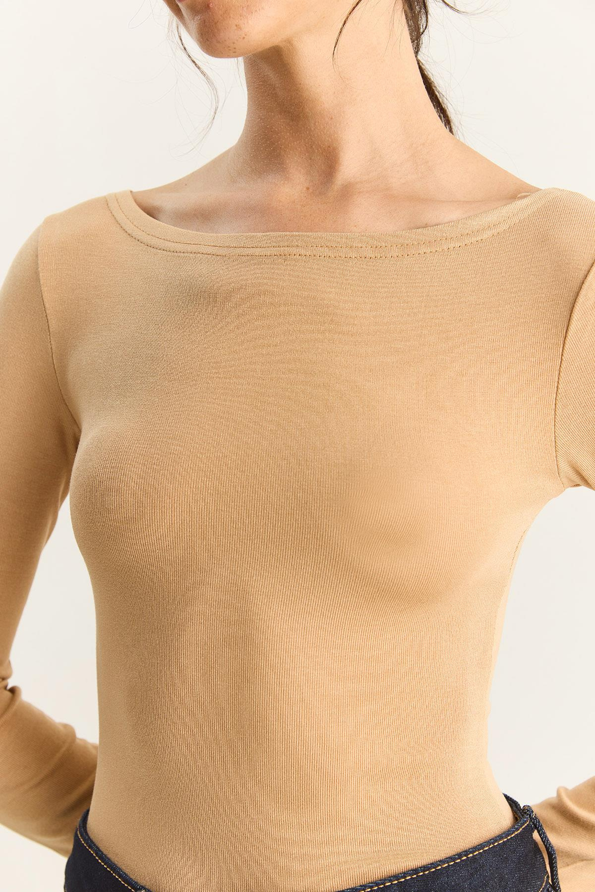 Kadın Cotton Kayık Yaka Bluz 6025 60283832 - Bej BLUZ modelleri