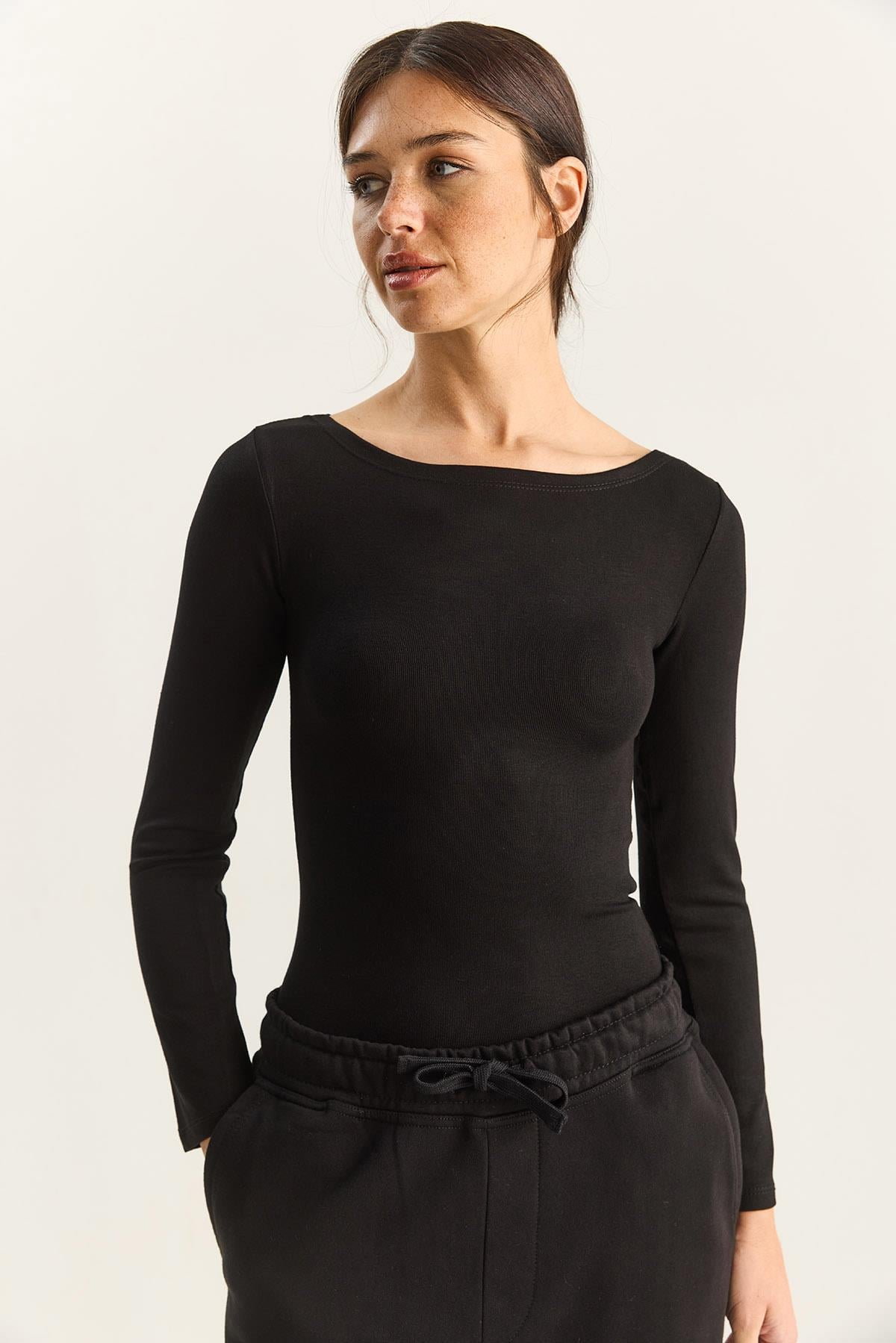 Kadın Cotton Kayık Yaka Bluz 6025 60283832 - Siyah BLUZ modelleri