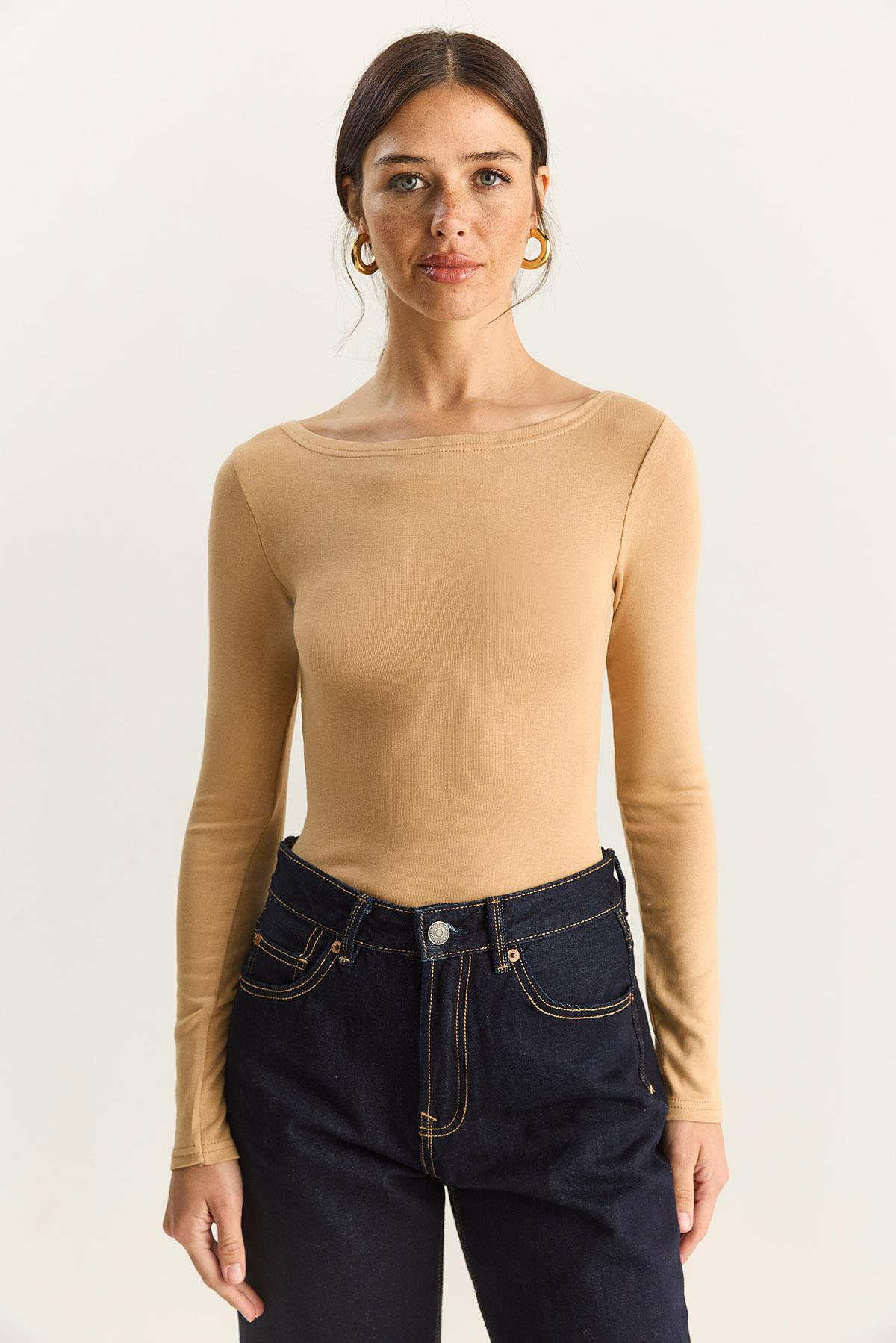 Kadın Cotton Kayık Yaka Bluz 6025 60283832 - Bej BLUZ modelleri