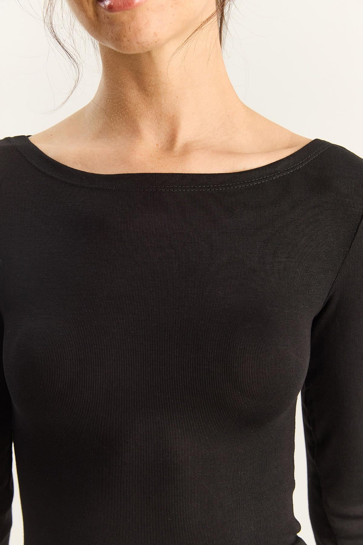 Kadın Cotton Kayık Yaka Bluz 6025 60283832 - Siyah BLUZ modelleri