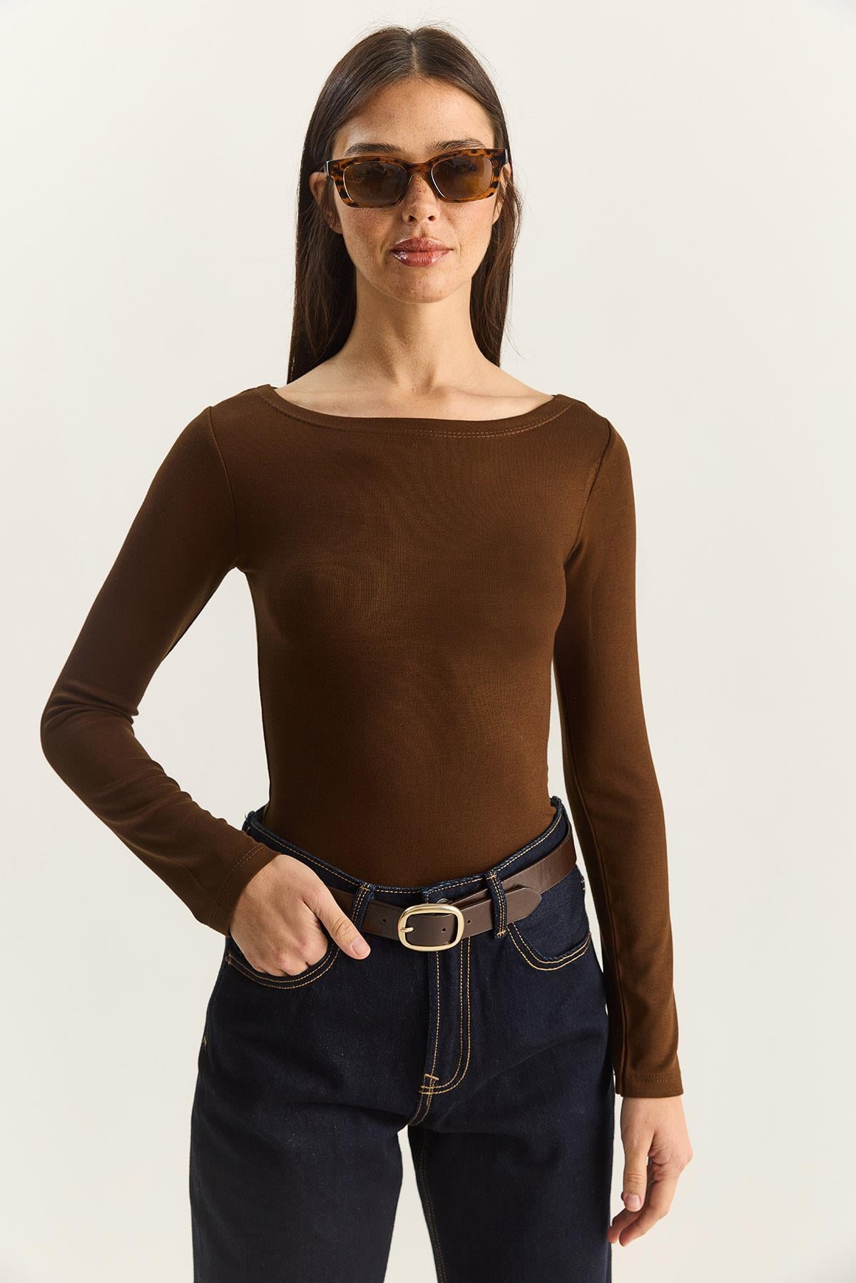 Kadın Cotton Kayık Yaka Bluz 6025 60283832 - Kahverengi BLUZ modelleri