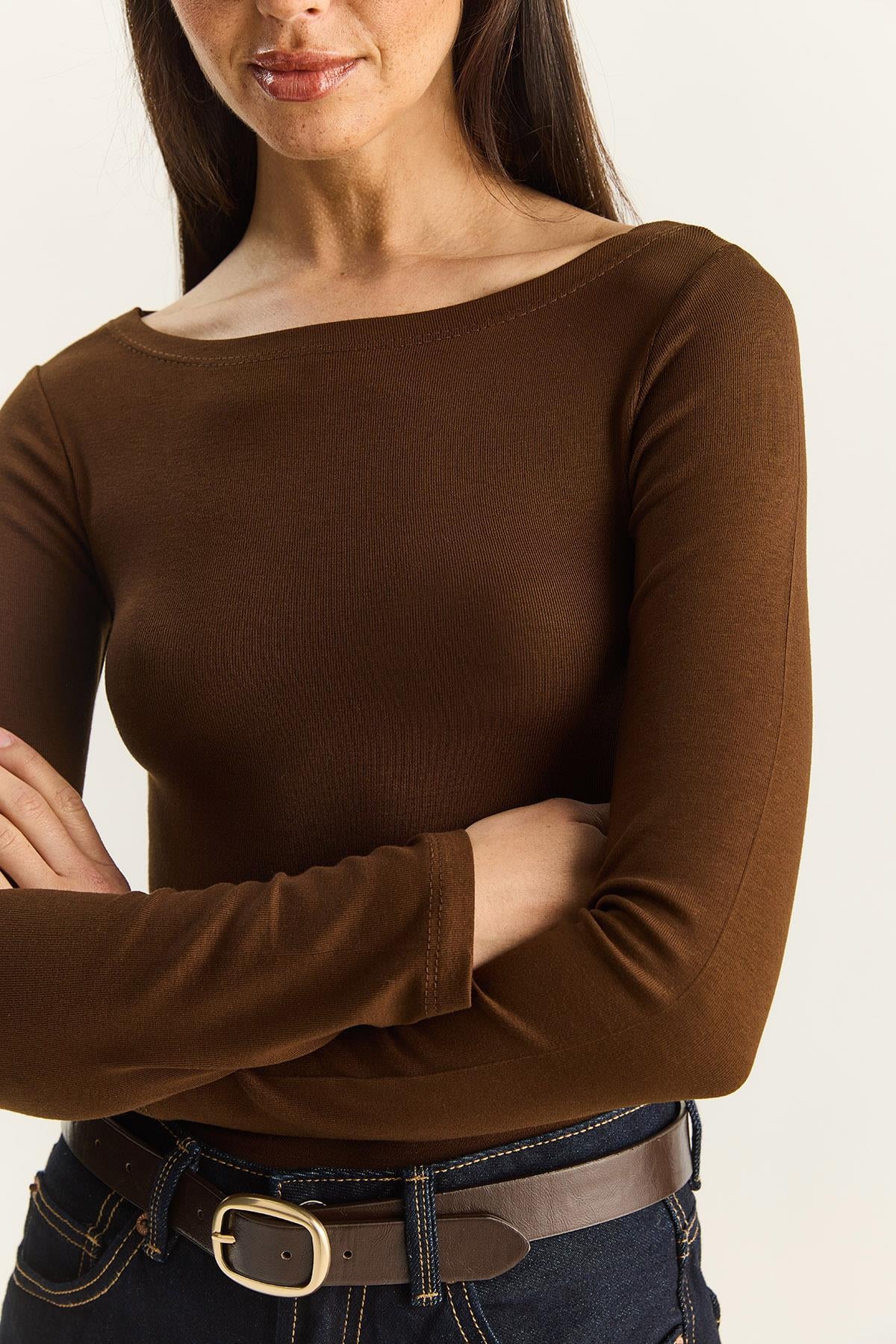 Kadın Cotton Kayık Yaka Bluz 6025 60283832 - Kahverengi BLUZ modelleri