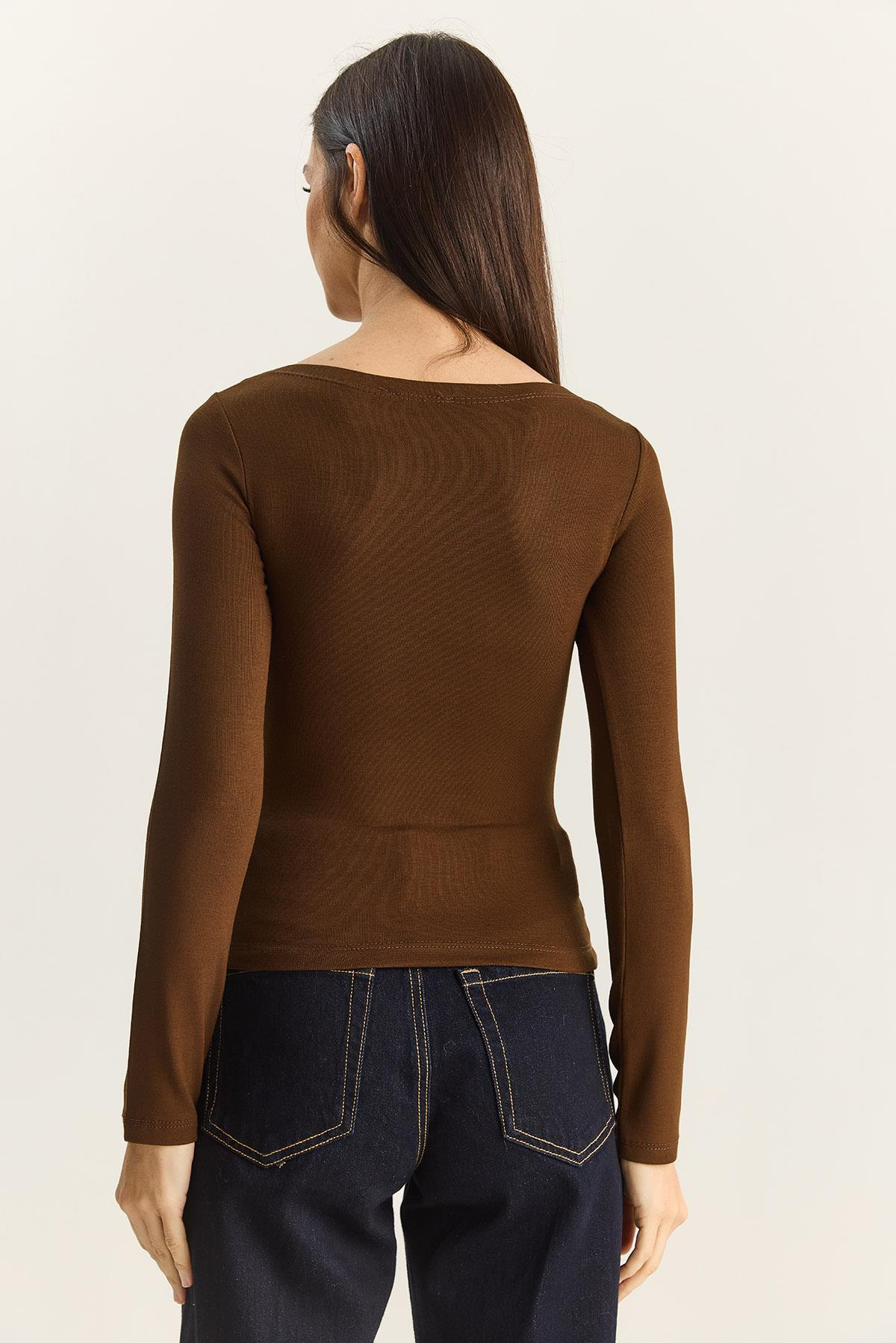 Kadın Cotton Kayık Yaka Bluz 6025 60283832 - Kahverengi BLUZ modelleri