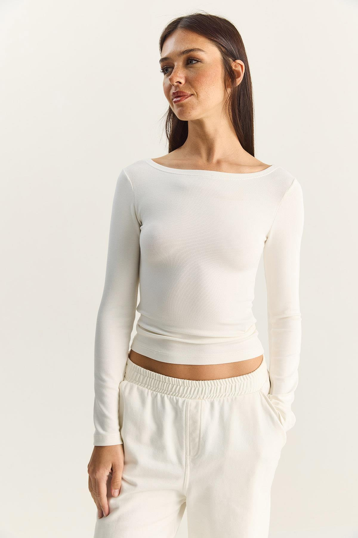 Kadın Cotton Kayık Yaka Bluz 6025 60283832 - Beyaz BLUZ modelleri
