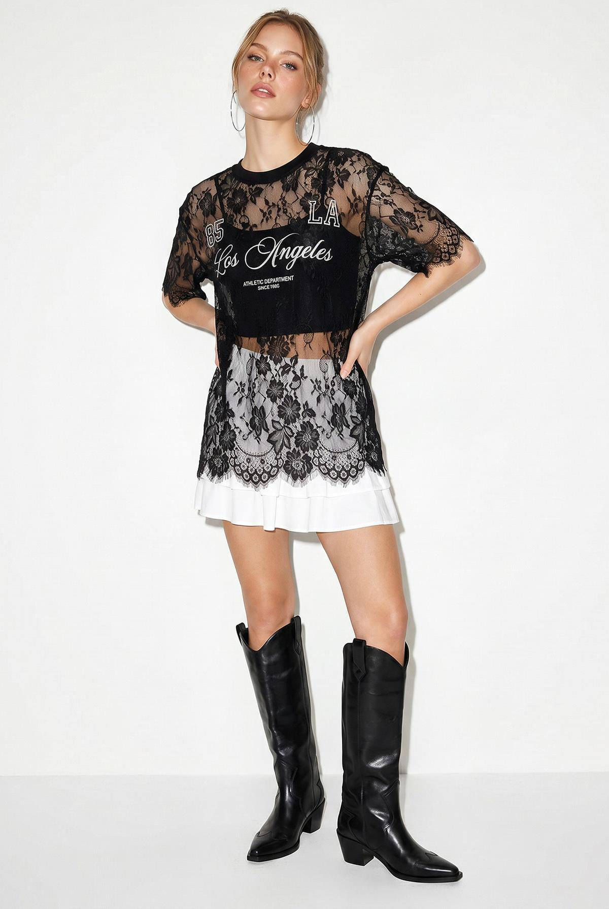 Kadın Dantel Tül Detaylı Baskılı Oversize Bluz 1098 60286295 - Siyah BLUZ modelleri