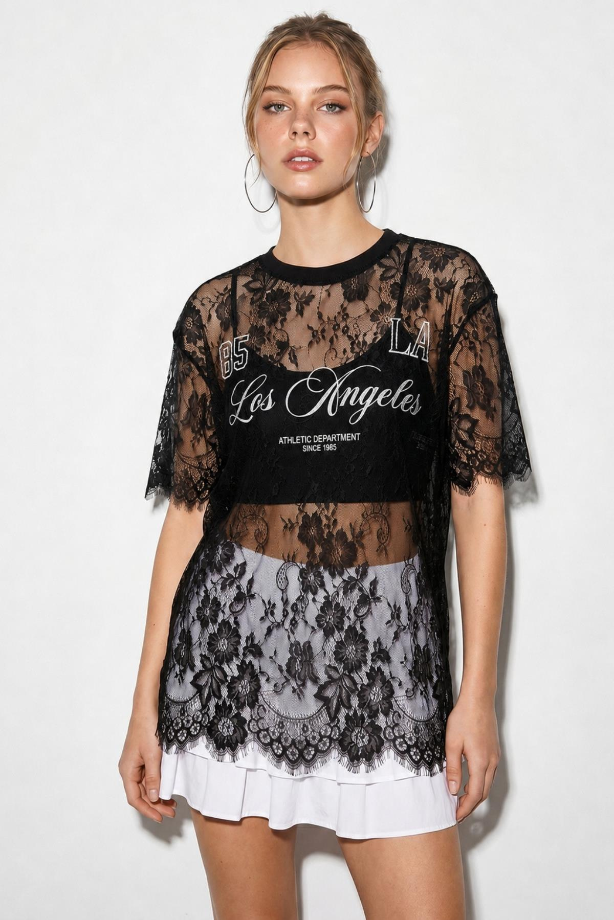 Kadın Dantel Tül Detaylı Baskılı Oversize Bluz 1098 60286295 - Siyah BLUZ modelleri