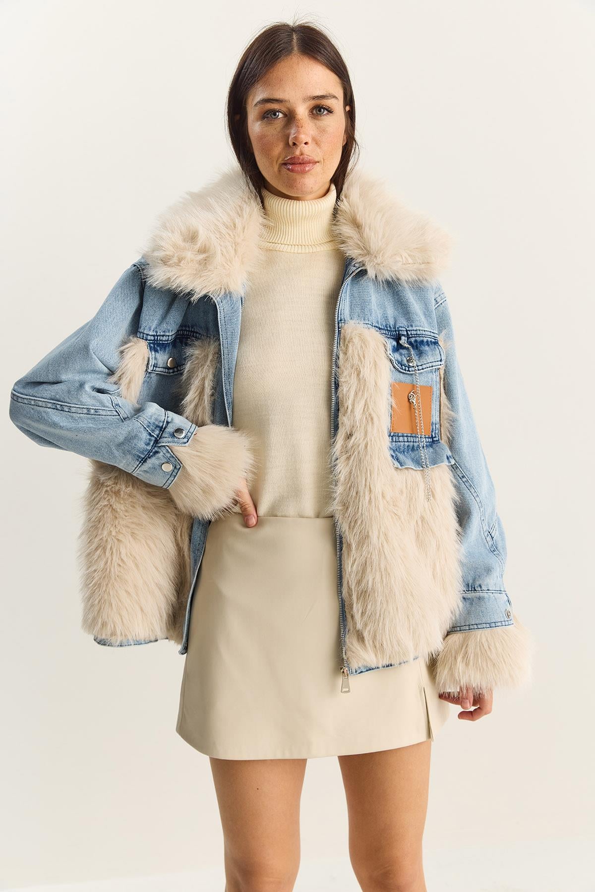 Kadın Denim Garnili Astarlı Suni Kürk Ceket 2726 60281134 - Mavi-Bej DIŞ GİYİM modelleri