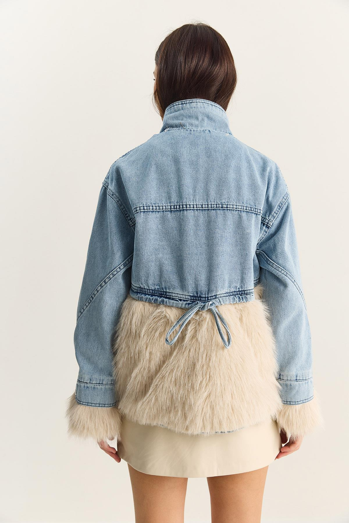 Kadın Denim Garnili Astarlı Suni Kürk Ceket 2726 60281134 - Mavi-Bej DIŞ GİYİM modelleri