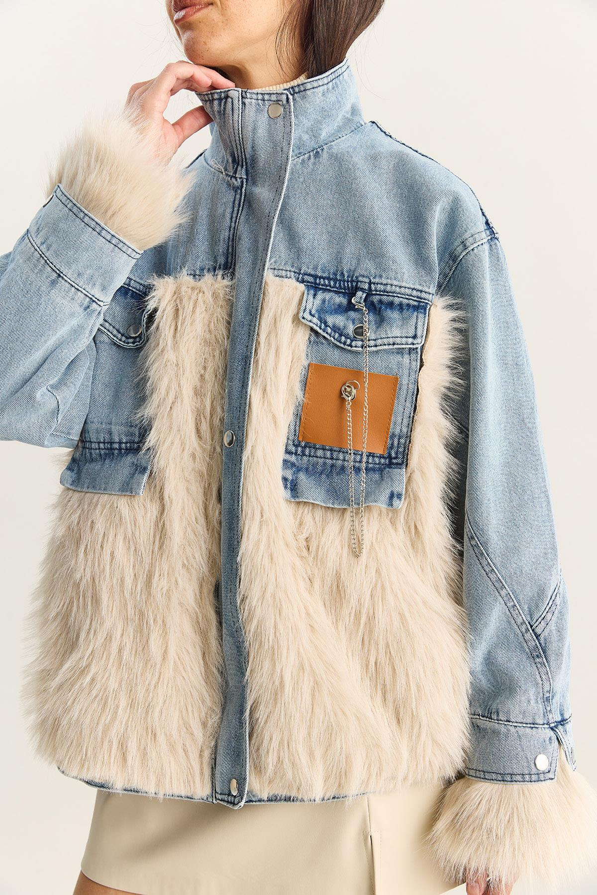 Kadın Denim Garnili Astarlı Suni Kürk Ceket 2726 60281134 - Mavi-Bej DIŞ GİYİM modelleri