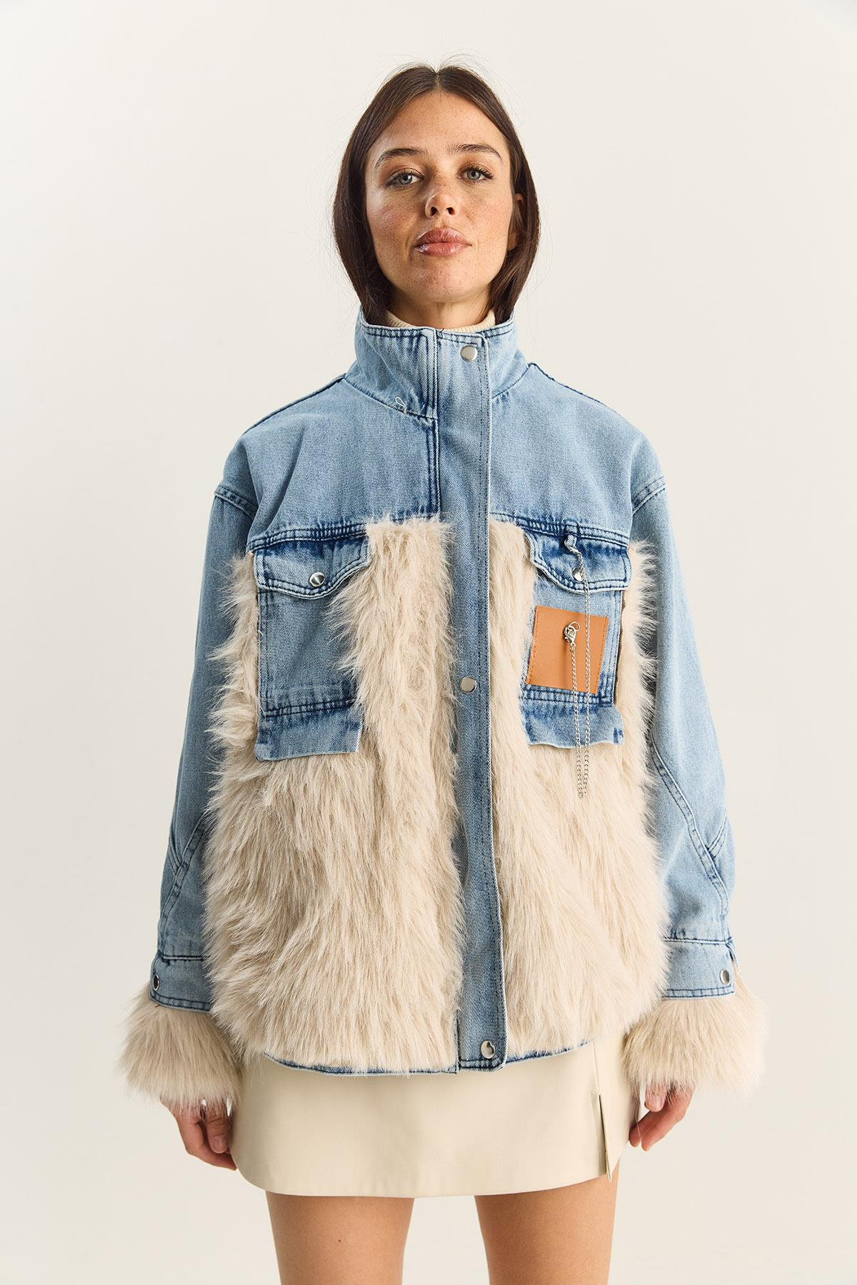 Kadın Denim Garnili Astarlı Suni Kürk Ceket 2726 60281134 - Mavi-Bej DIŞ GİYİM modelleri