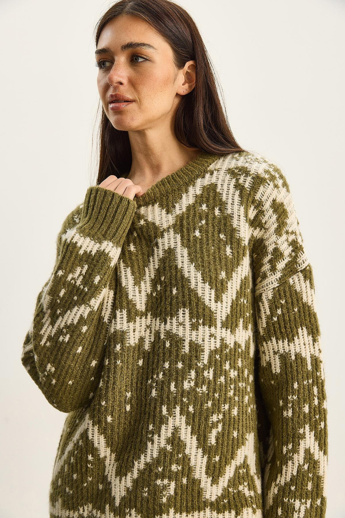 Kadın Desenli Bisiklet Yaka Oversize Triko Kazak 60283826 - Çağla Yeşili KAZAK modelleri