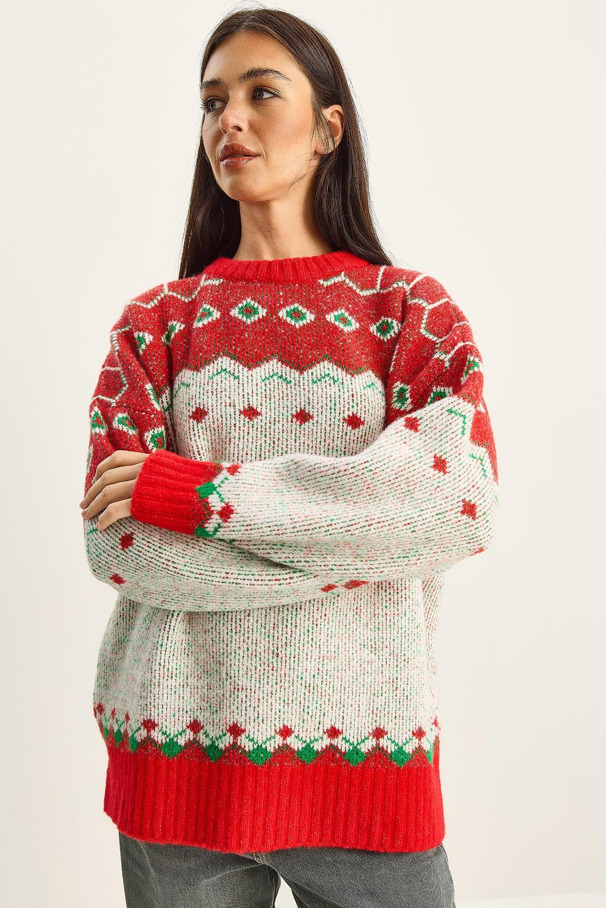 Kadın Desenli Oversize Triko Kazak TK251157 60283805 - Kırmızı-Ekru KAZAK modelleri