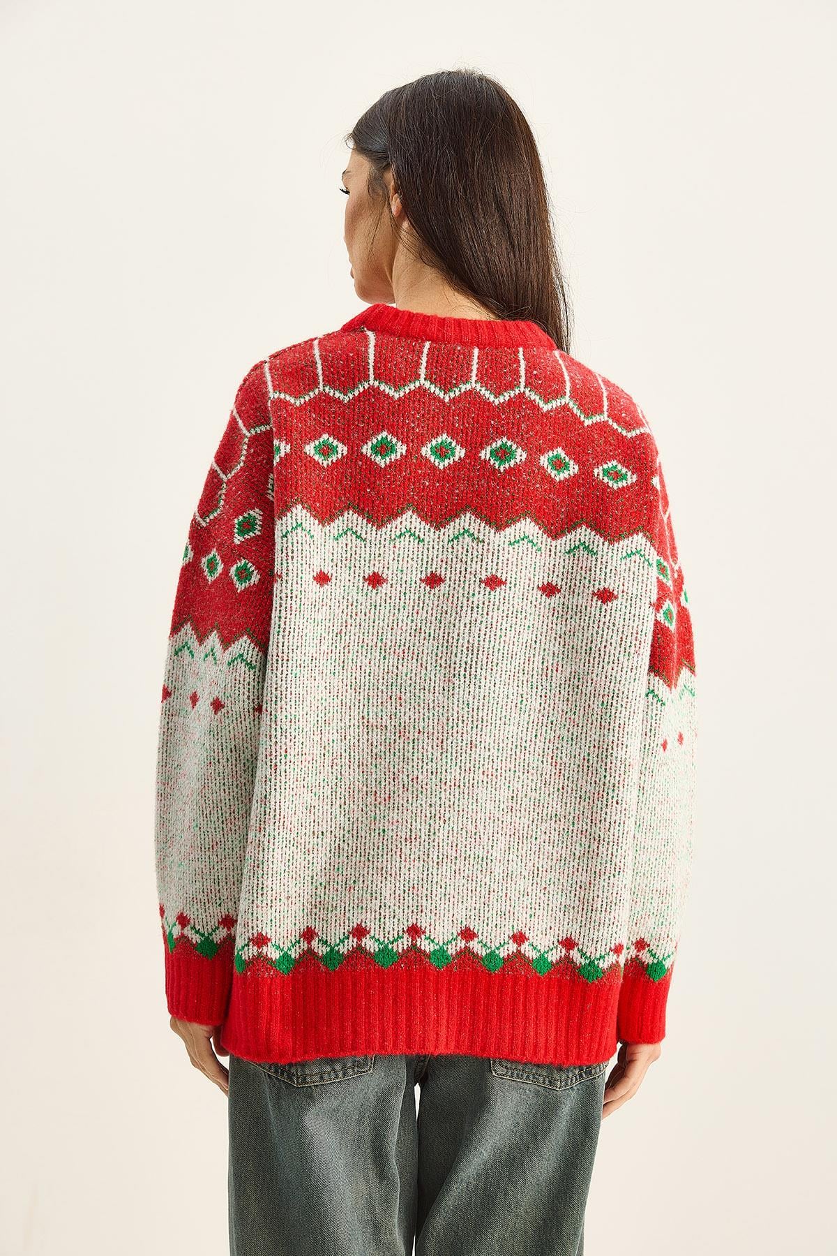 Kadın Desenli Oversize Triko Kazak TK251157 60283805 - Kırmızı-Ekru KAZAK modelleri