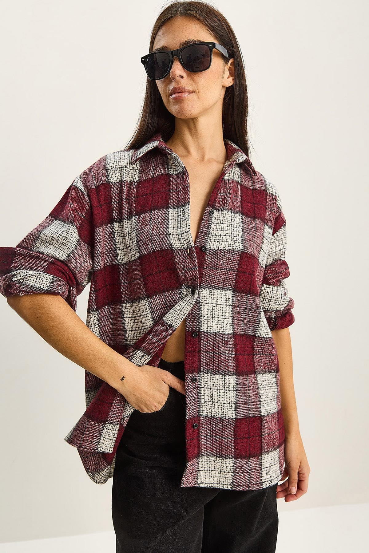 Kadın Ekose Oversize Oduncu Gömlek DG251060 60283804 - Bordo-Krem GÖMLEK modelleri