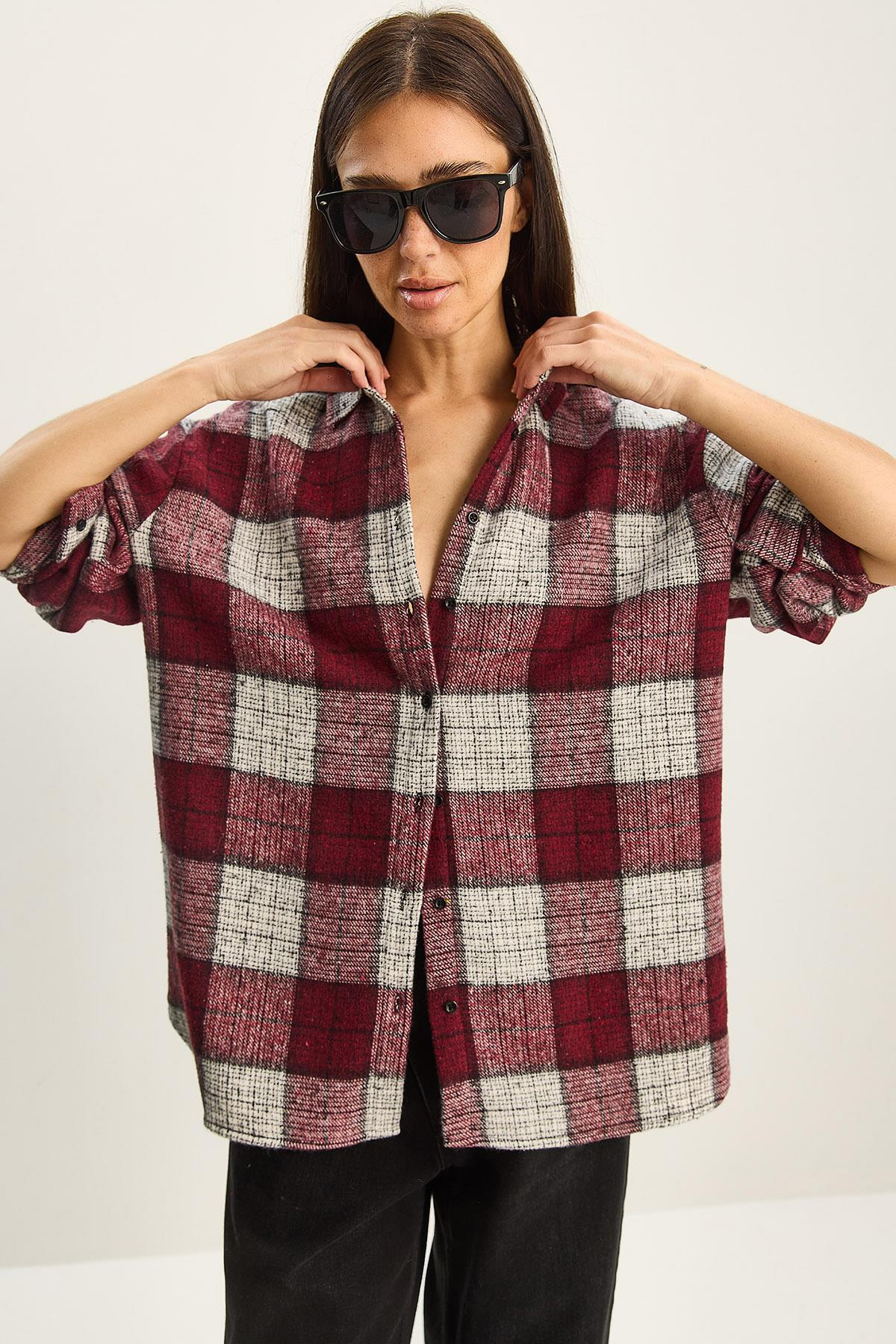 Kadın Ekose Oversize Oduncu Gömlek DG251060 60283804 - Bordo-Krem GÖMLEK modelleri
