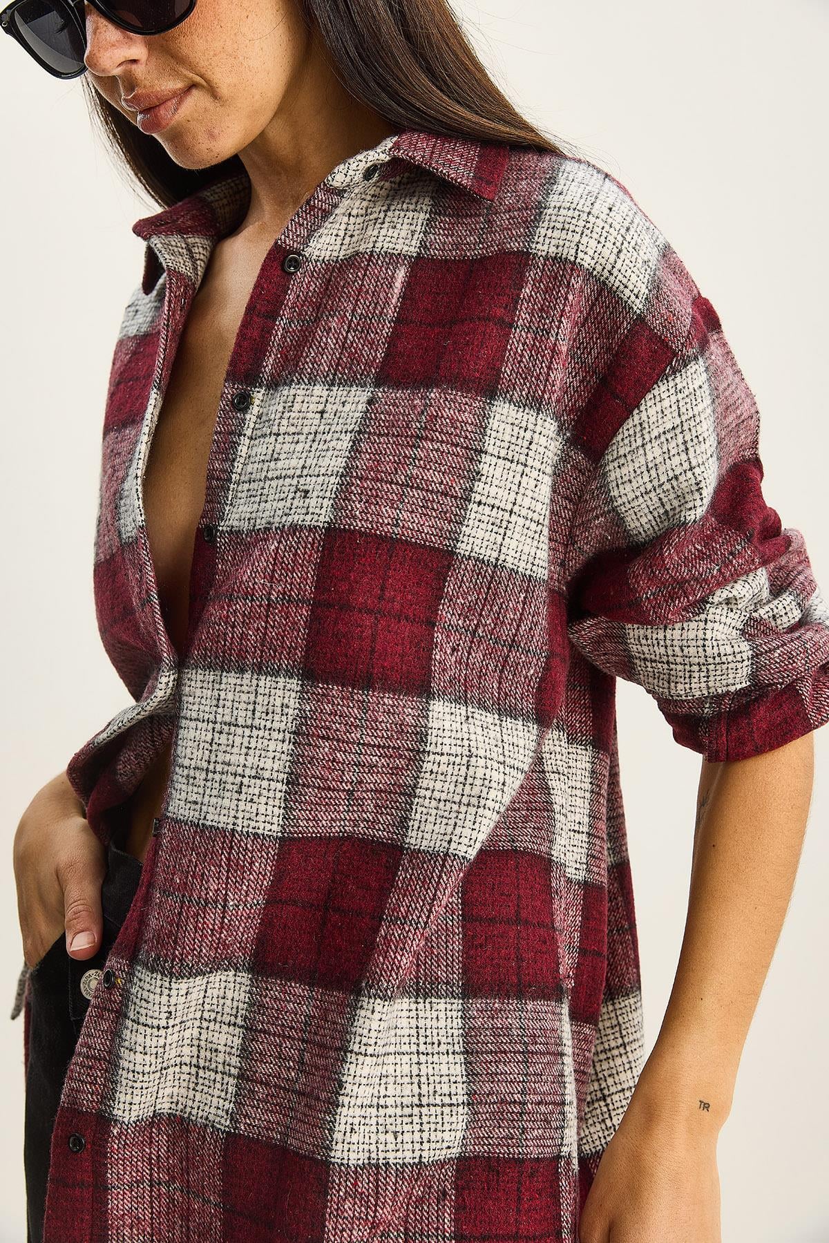 Kadın Ekose Oversize Oduncu Gömlek DG251060 60283804 - Bordo-Krem GÖMLEK modelleri