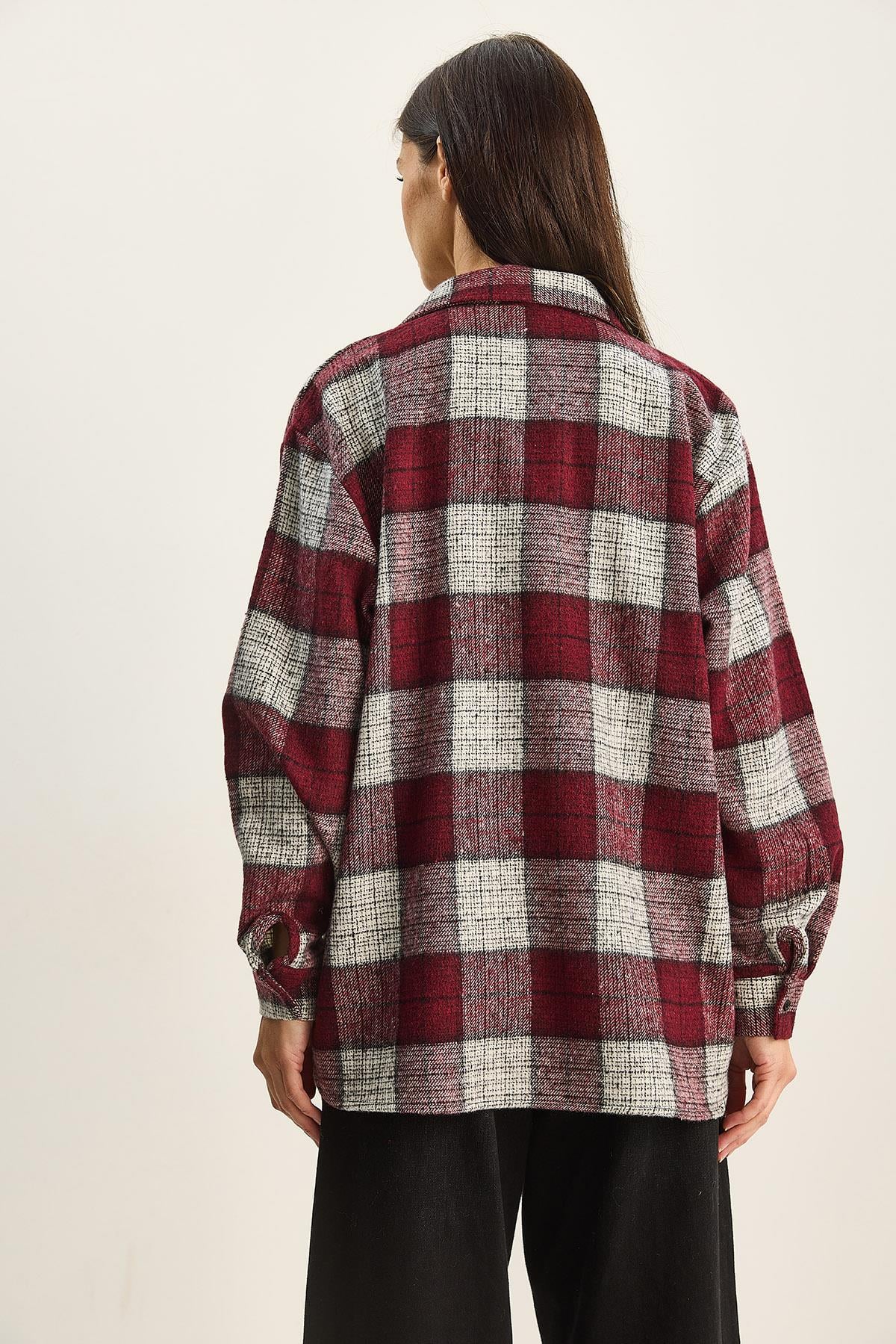 Kadın Ekose Oversize Oduncu Gömlek DG251060 60283804 - Bordo-Krem GÖMLEK modelleri