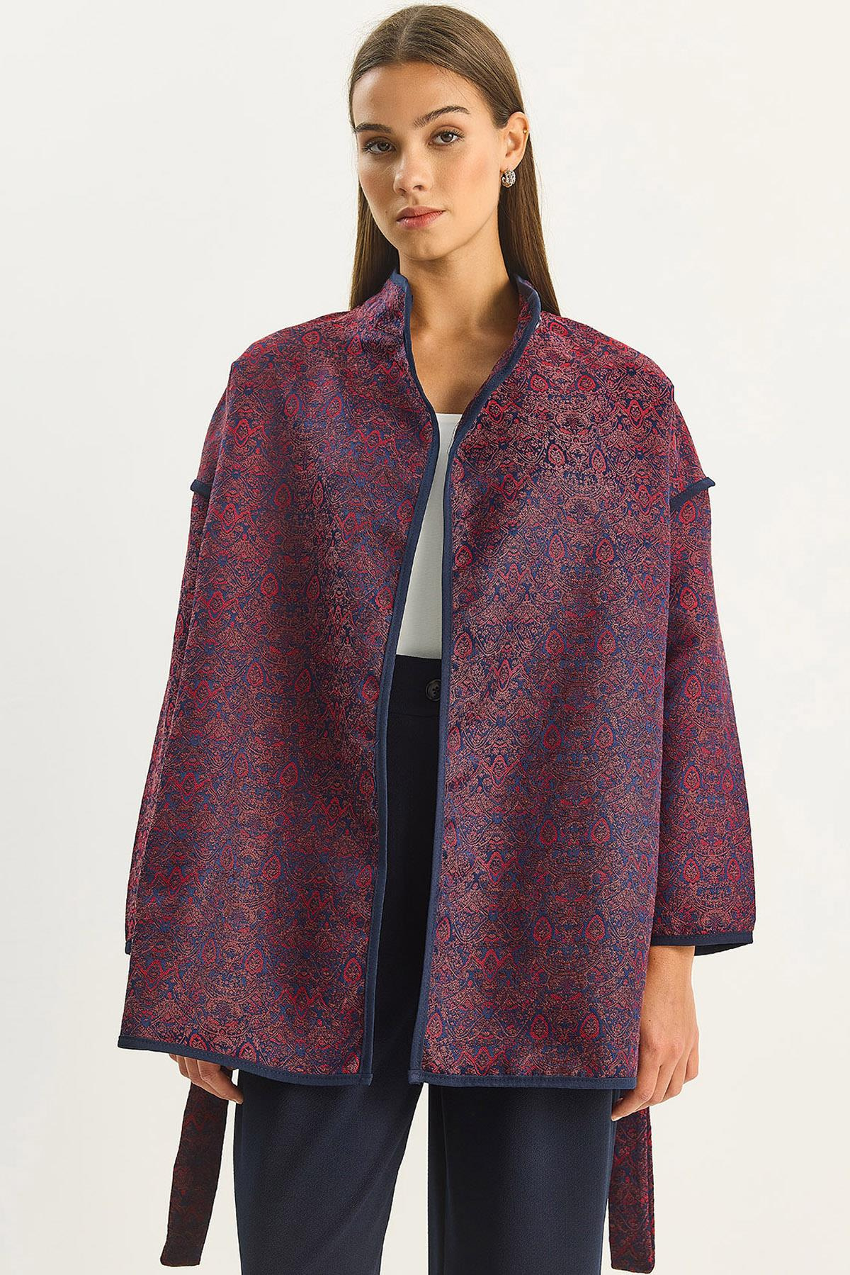 Kadın Etnik Desenli Kuşaklı Oversize Kimono 4159 60283674 - Bordo CEKET modelleri