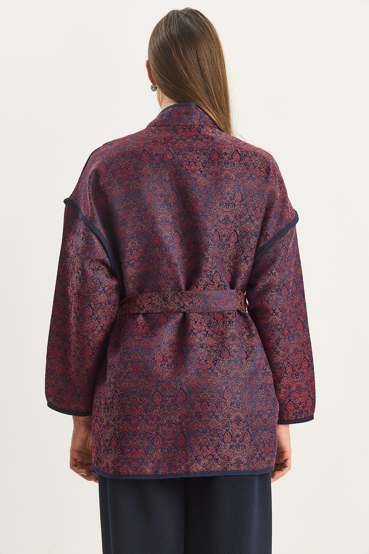 Kadın Etnik Desenli Kuşaklı Oversize Kimono 4159 60283674 - Bordo CEKET modelleri