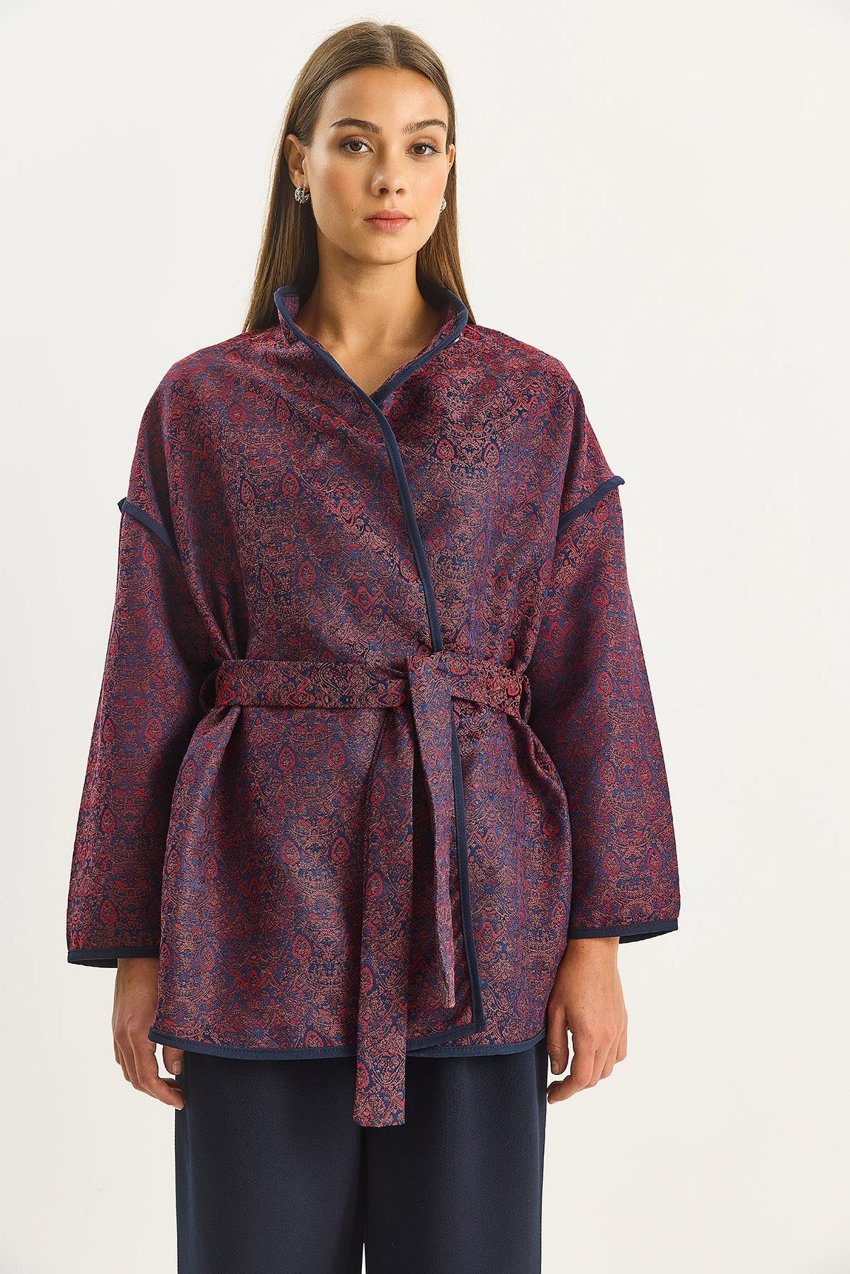 Kadın Etnik Desenli Kuşaklı Oversize Kimono 4159 60283674 - Bordo CEKET modelleri