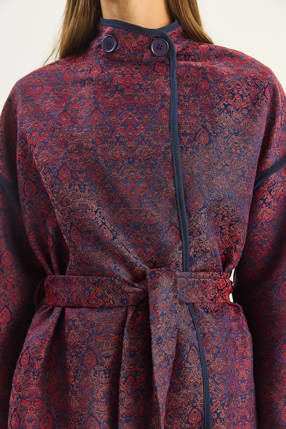 Kadın Etnik Desenli Kuşaklı Oversize Kimono 4159 60283674 - Bordo CEKET modelleri