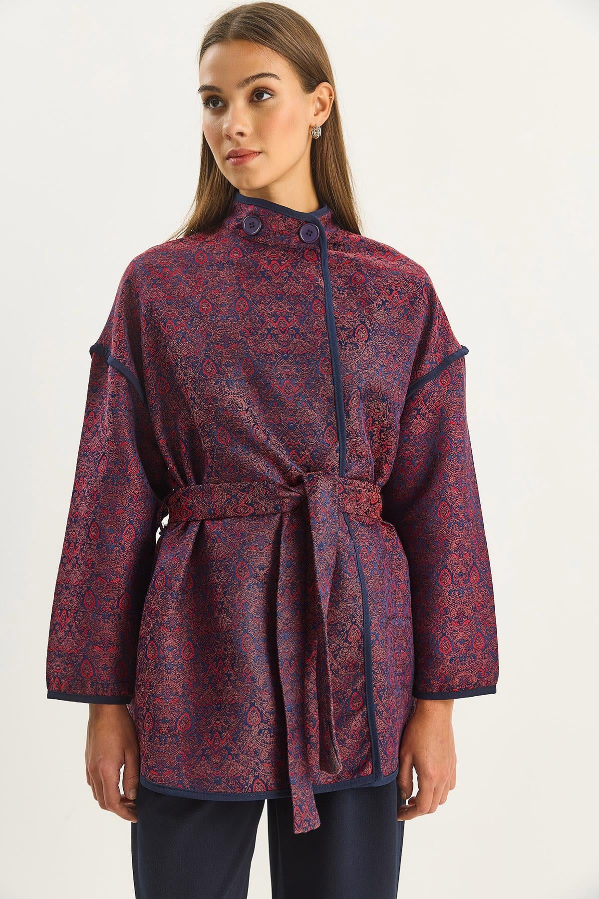 Kadın Etnik Desenli Kuşaklı Oversize Kimono 4159 60283674 - Bordo CEKET modelleri