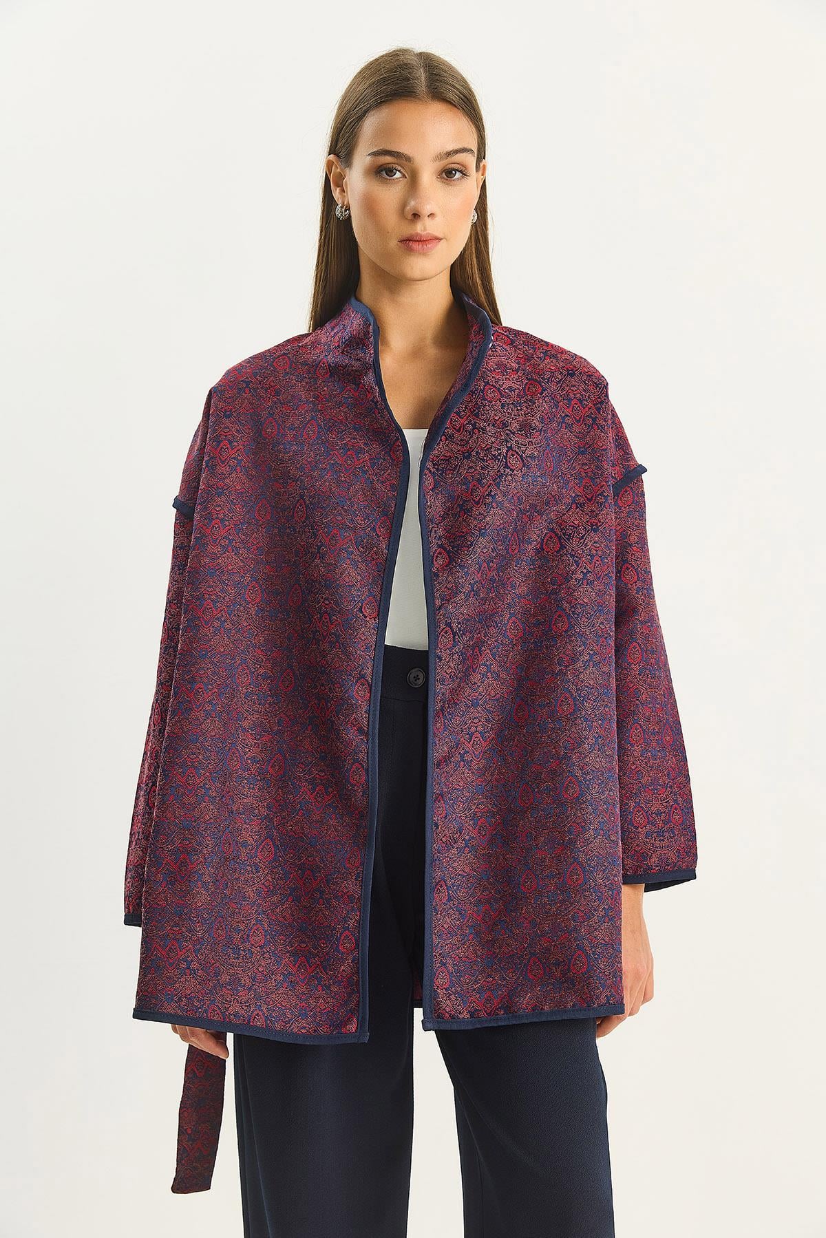 Kadın Etnik Desenli Kuşaklı Oversize Kimono 4159 60283674 - Bordo CEKET modelleri
