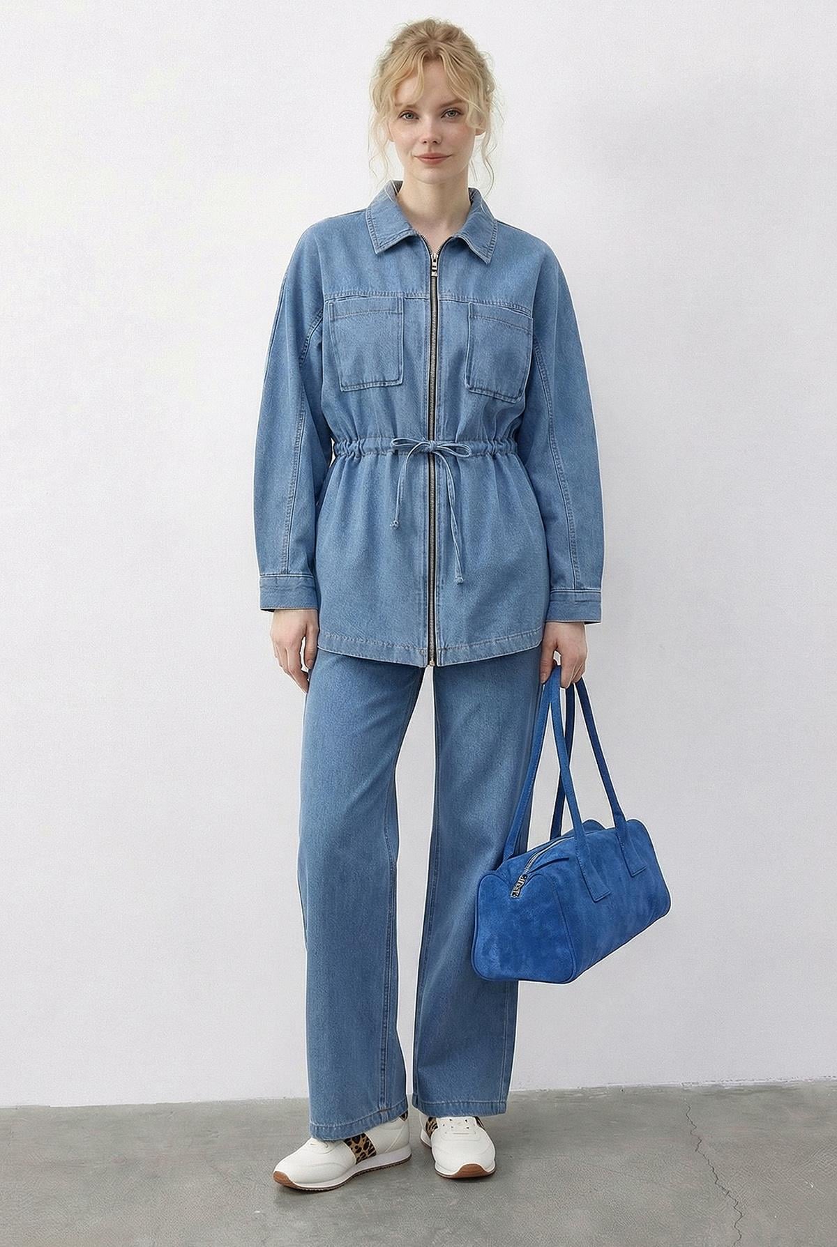 Kadın Fermuarlı Belden Bağlamalı Cep Detaylı Denim Alt-Üst Takım 60597 60286011 - Buz Mavisi ALT - ÜST TAKIM modelleri