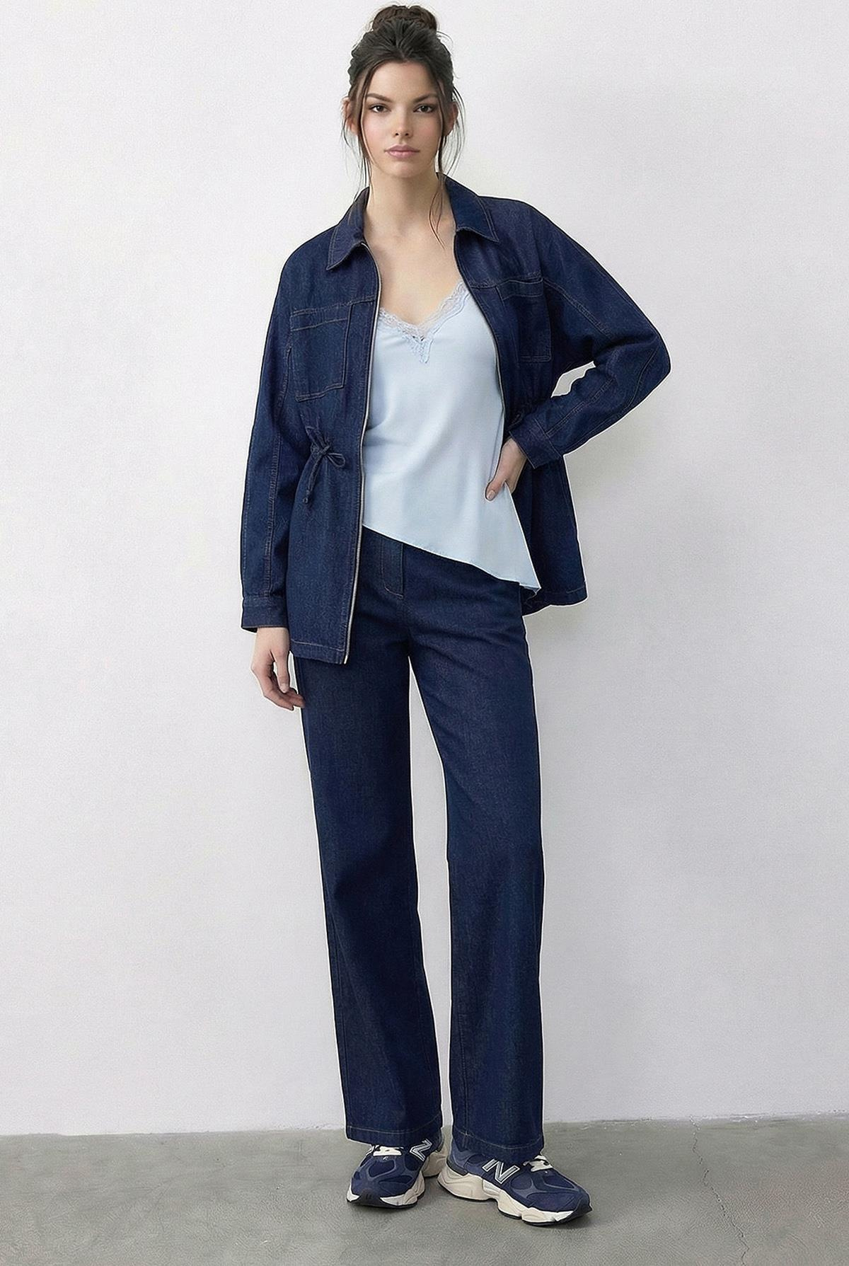 Kadın Fermuarlı Belden Bağlamalı Cep Detaylı Denim Alt-Üst Takım 60597 60286011 - Lacivert ALT - ÜST TAKIM modelleri