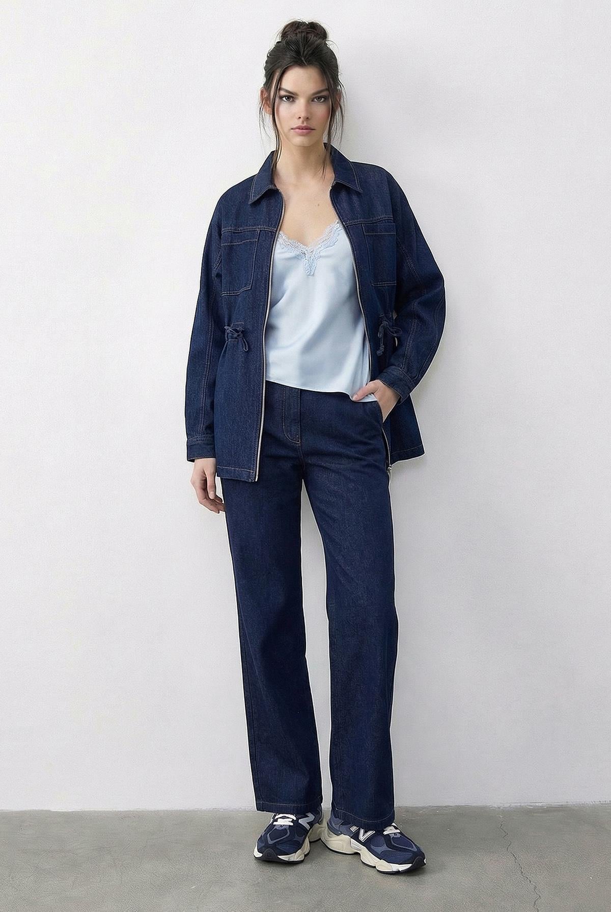 Kadın Fermuarlı Belden Bağlamalı Cep Detaylı Denim Alt-Üst Takım 60597 60286011 - Lacivert ALT - ÜST TAKIM modelleri