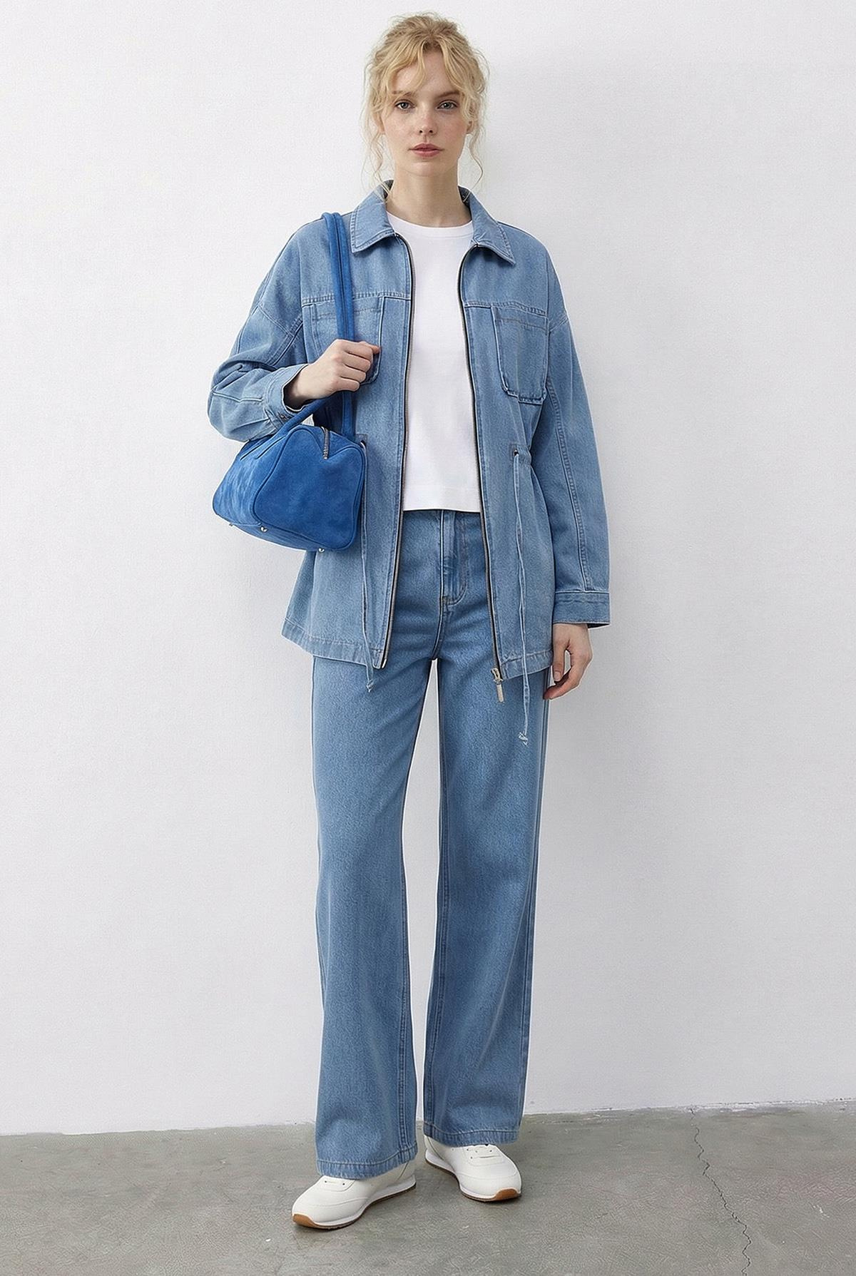 Kadın Fermuarlı Belden Bağlamalı Cep Detaylı Denim Alt-Üst Takım 60597 60286011 - Buz Mavisi ALT - ÜST TAKIM modelleri