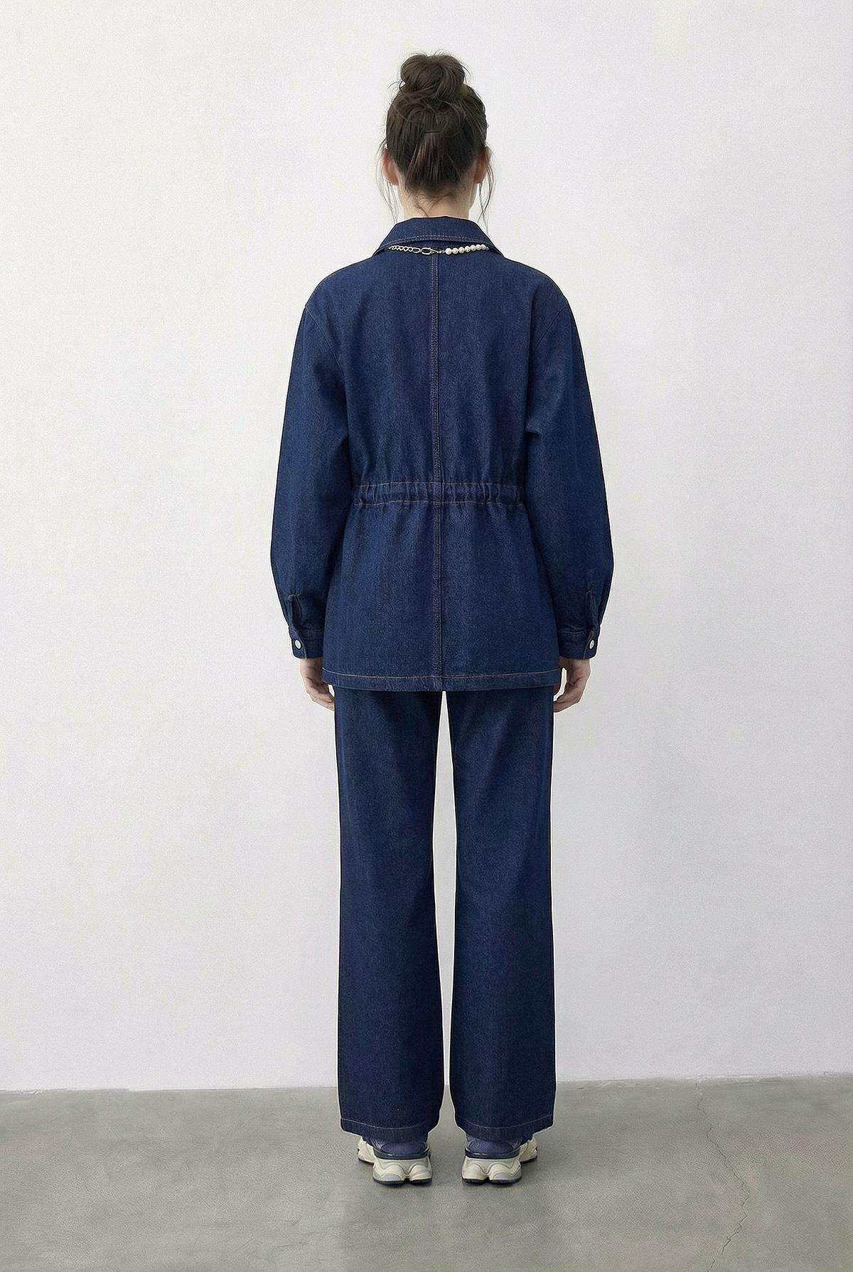 Kadın Fermuarlı Belden Bağlamalı Cep Detaylı Denim Alt-Üst Takım 60597 60286011 - Lacivert ALT - ÜST TAKIM modelleri