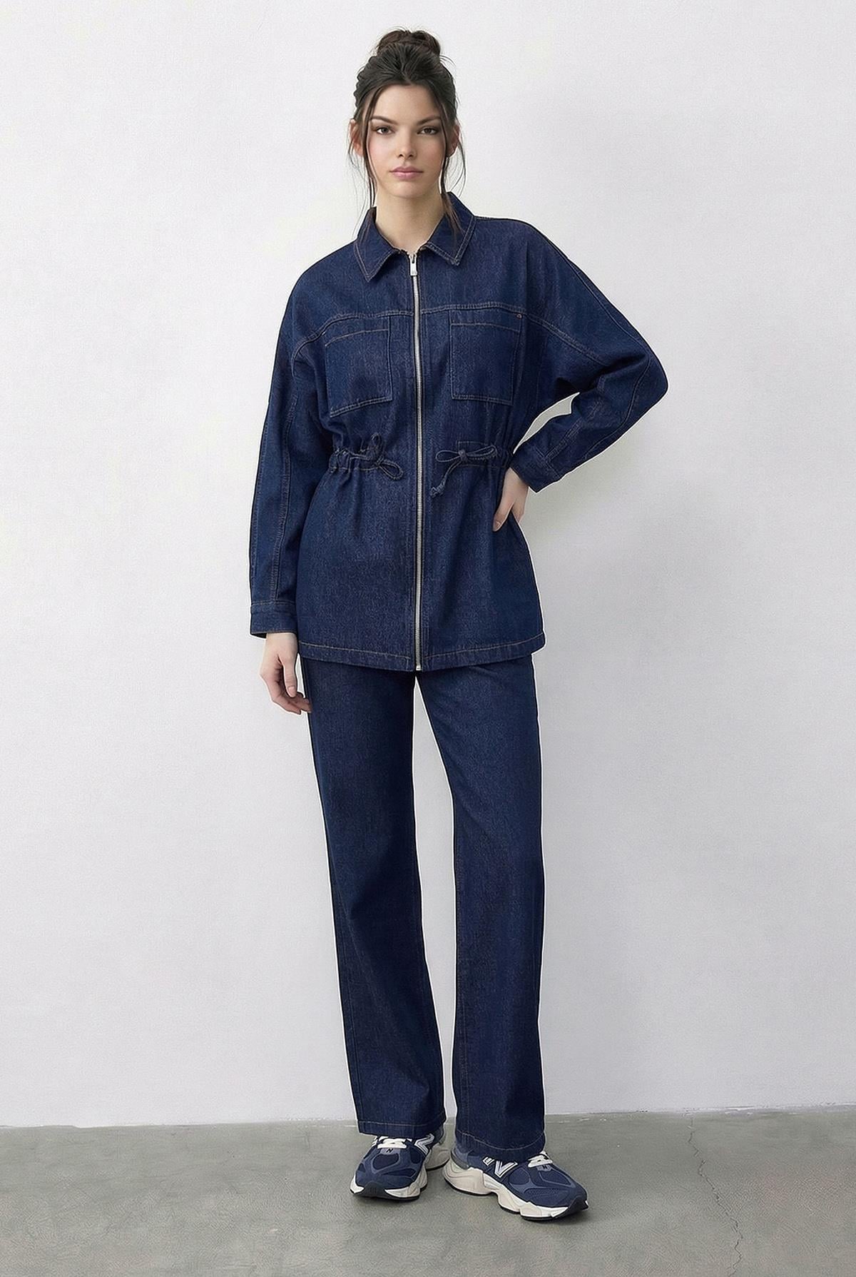 Kadın Fermuarlı Belden Bağlamalı Cep Detaylı Denim Alt-Üst Takım 60597 60286011 - Lacivert ALT - ÜST TAKIM modelleri