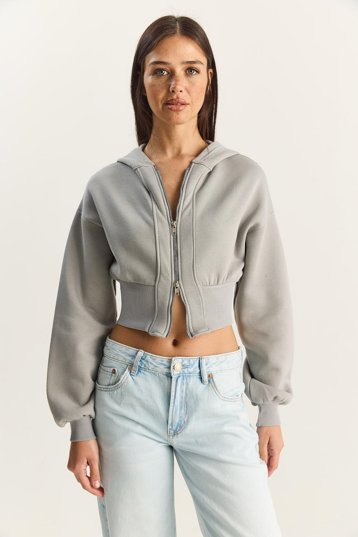 Kadın Fermuarlı Kapüşonlu Belden Oturmalı Esnek Örme Crop Sweatshirt 60283858 - Mint HIRKA modelleri