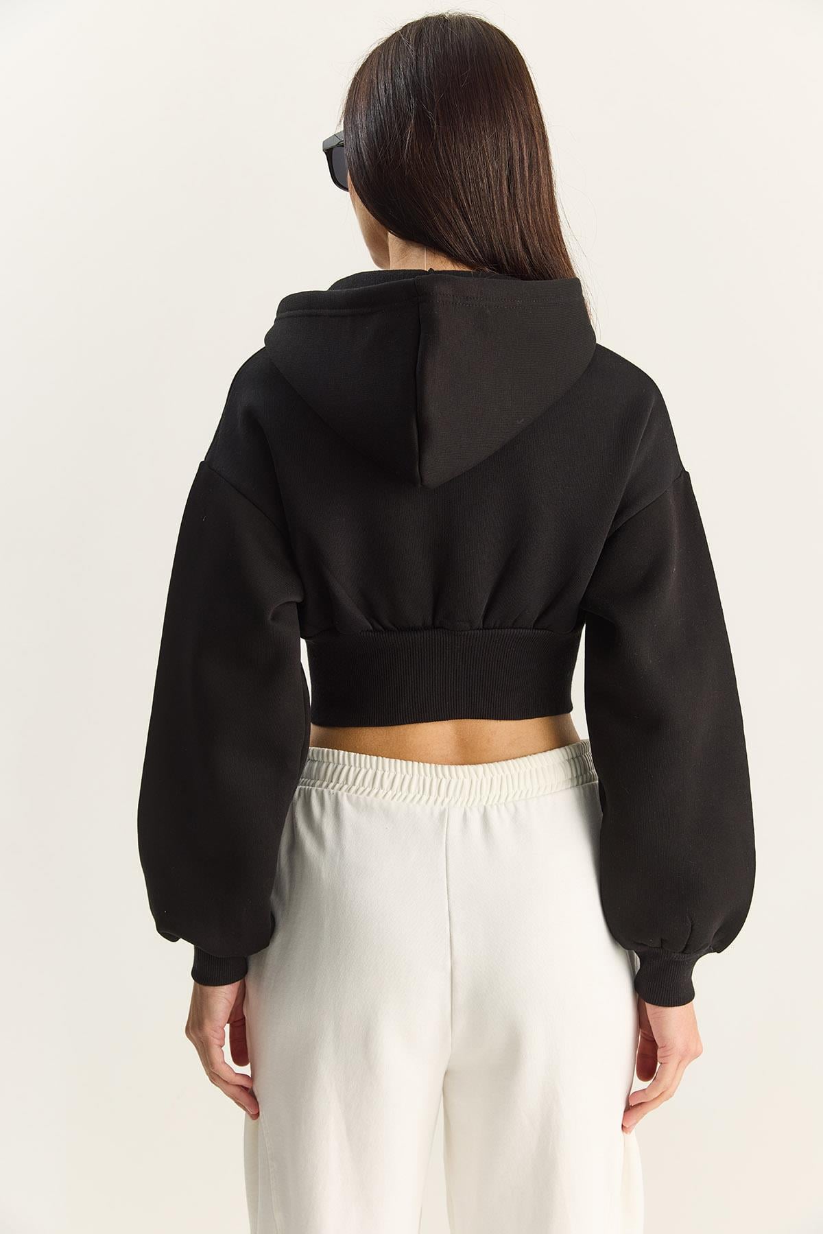 Kadın Fermuarlı Kapüşonlu Belden Oturmalı Esnek Örme Crop Sweatshirt 60283858 - Siyah HIRKA modelleri