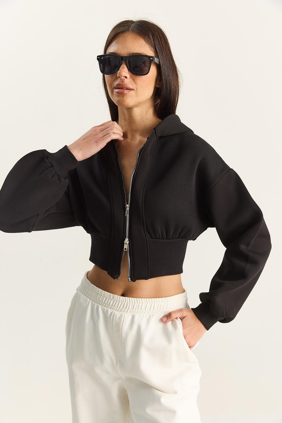 Kadın Fermuarlı Kapüşonlu Belden Oturmalı Esnek Örme Crop Sweatshirt 60283858 - Siyah HIRKA modelleri