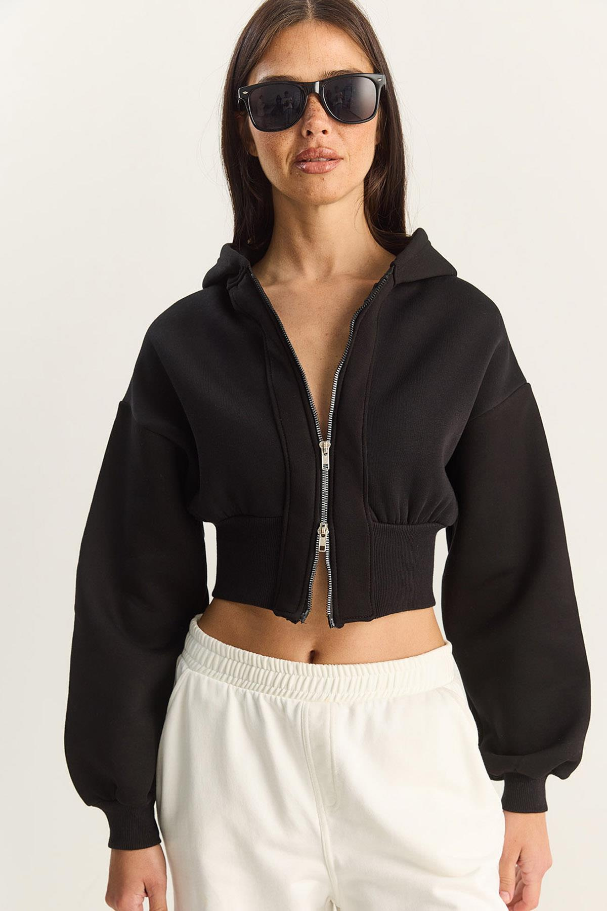 Kadın Fermuarlı Kapüşonlu Belden Oturmalı Esnek Örme Crop Sweatshirt 60283858 - Siyah HIRKA modelleri