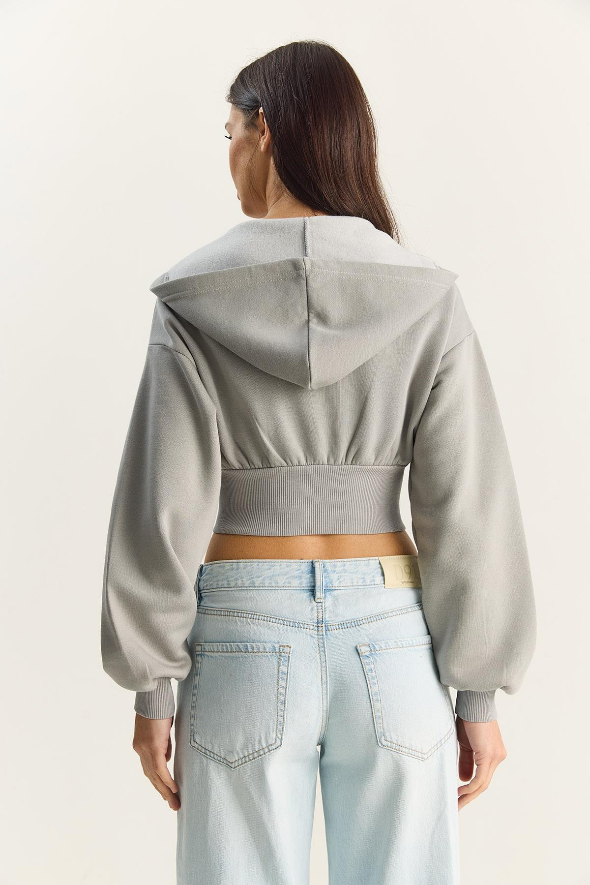 Kadın Fermuarlı Kapüşonlu Belden Oturmalı Esnek Örme Crop Sweatshirt 60283858 - Mint HIRKA modelleri