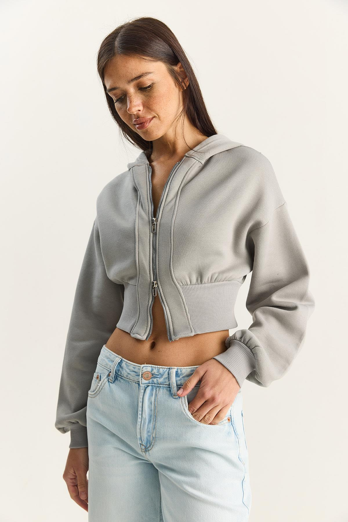 Kadın Fermuarlı Kapüşonlu Belden Oturmalı Esnek Örme Crop Sweatshirt 60283858 - Mint HIRKA modelleri