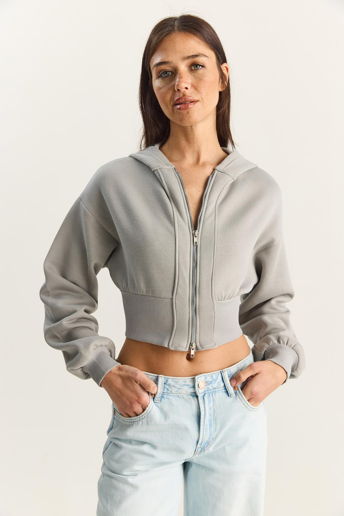 Kadın Fermuarlı Kapüşonlu Belden Oturmalı Esnek Örme Crop Sweatshirt 60283858 - Mint HIRKA modelleri